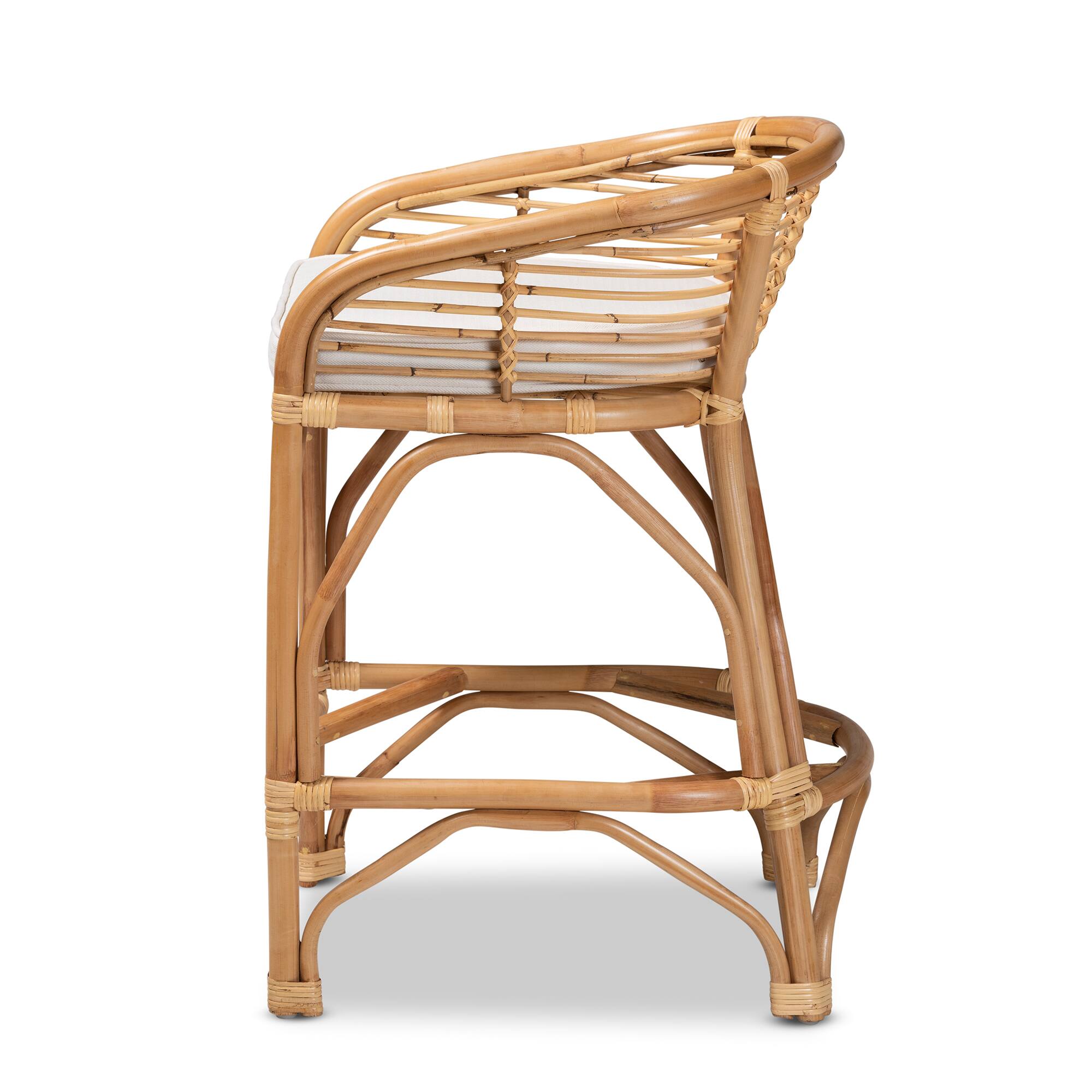 Left. bali & pari - Maverick Modern Bohemian Fabric Upholstered and Natural Rattan Counter Stool - White/Natural Brown.