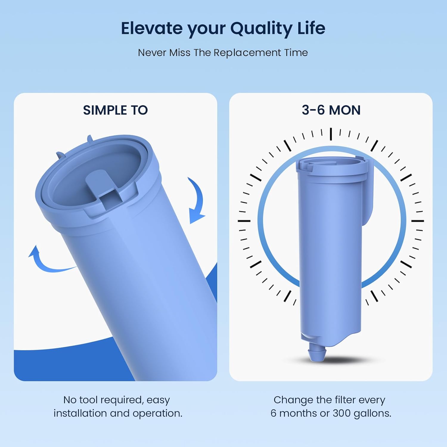 Elevate your Quality Life  
Never Miss The Replacement Time  

SIMPLE TO  
No tool required, easy installation and operation.  

3-6 MON  
Change the filter every 6 months or 300 gallons.
