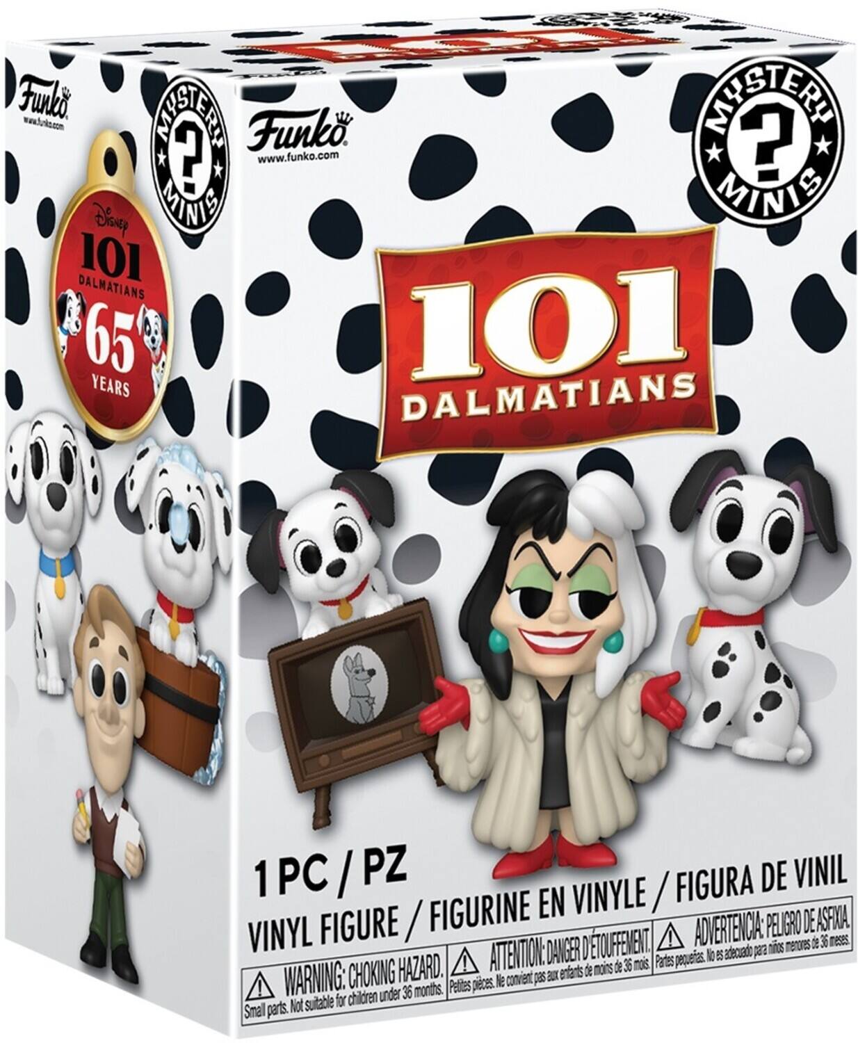 Funko  
www.funko.com  

101 DALMATIANS  
65 YEARS  

1 PC / PZ  
VINYL FIGURE / FIGURINE EN VINYLE / FIGURA DE VINIL  

WARNING: CHOKING HAZARD - Small parts. Not suitable for children under 36 months.  
ADVERTENCIA: PELIGRO DE ASFIXIA, VINYL  
ATTENTION: DANGER D'ÉTOUFFEMENT  
ADVERTENCIA: PELIGRO DE ASFIXIA, VINIL  

Mystery Minis