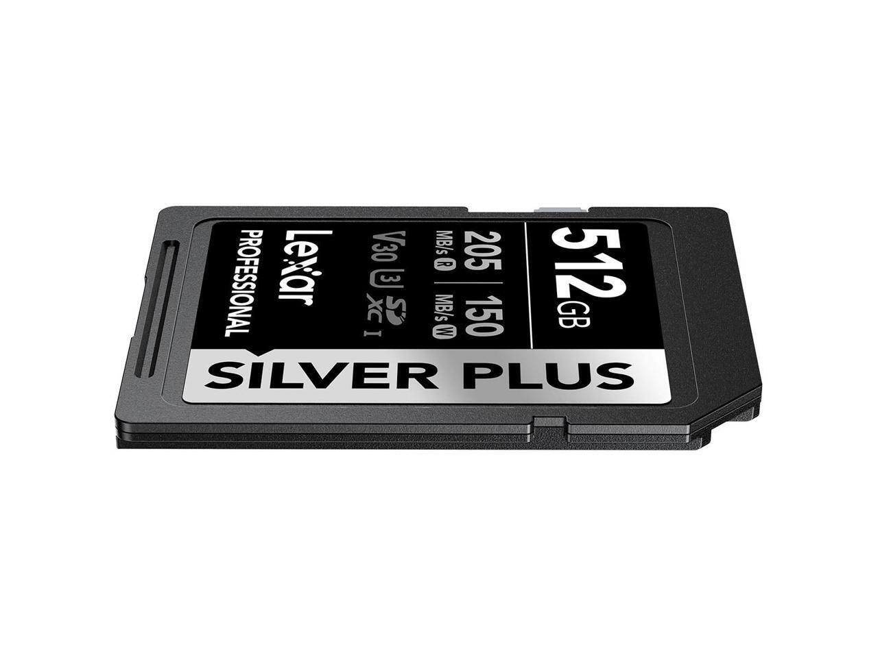 Lexar Professional Silver Plus  
512 GB  
V30  
205 MB/s R  
150 MB/s W