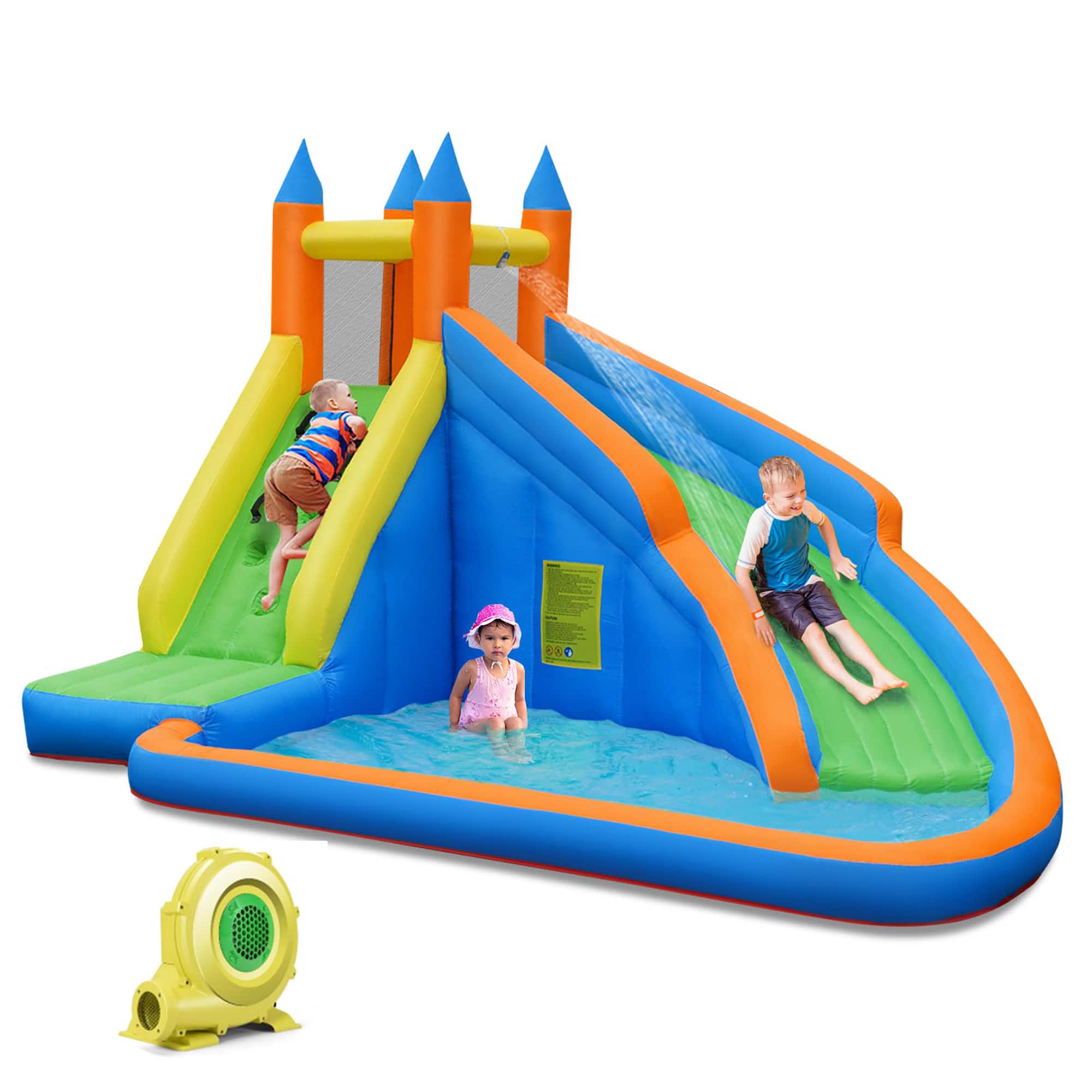 Costway - Inflatable Water Slide Mighty Bounce House Castle Moonwalk Splash Pool with 735W Blower - Multicolour