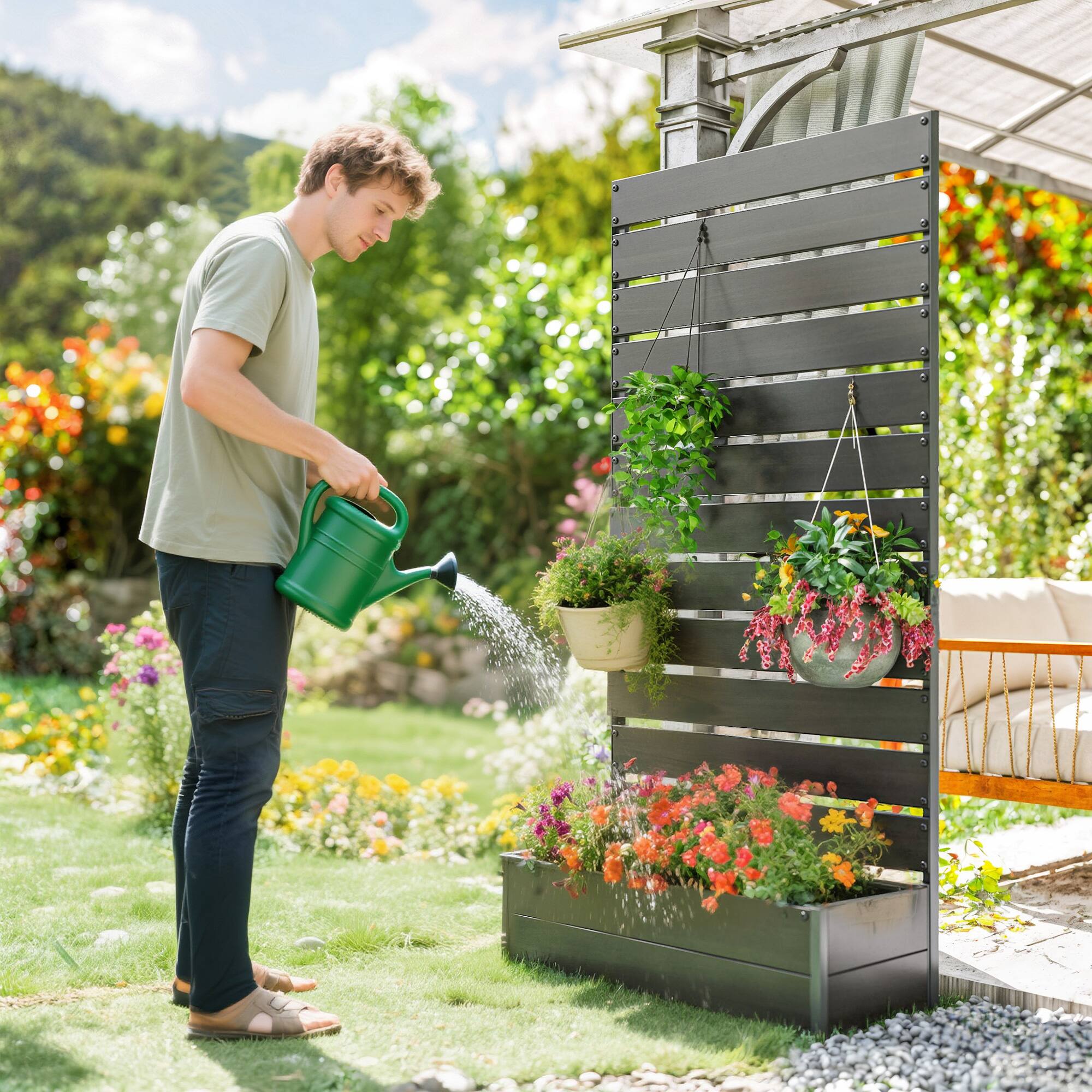 Alt View 7. Outsunny - Planter for Climbing Plants, Raised Garden Bed with Trellis - Black.