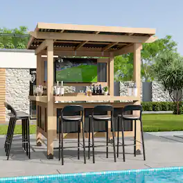 Famapy - Outdoor Entertainment Bar Gazebo with Dual Bar Counters, TV Mount, Cedar Frame and Weatherproof Roof