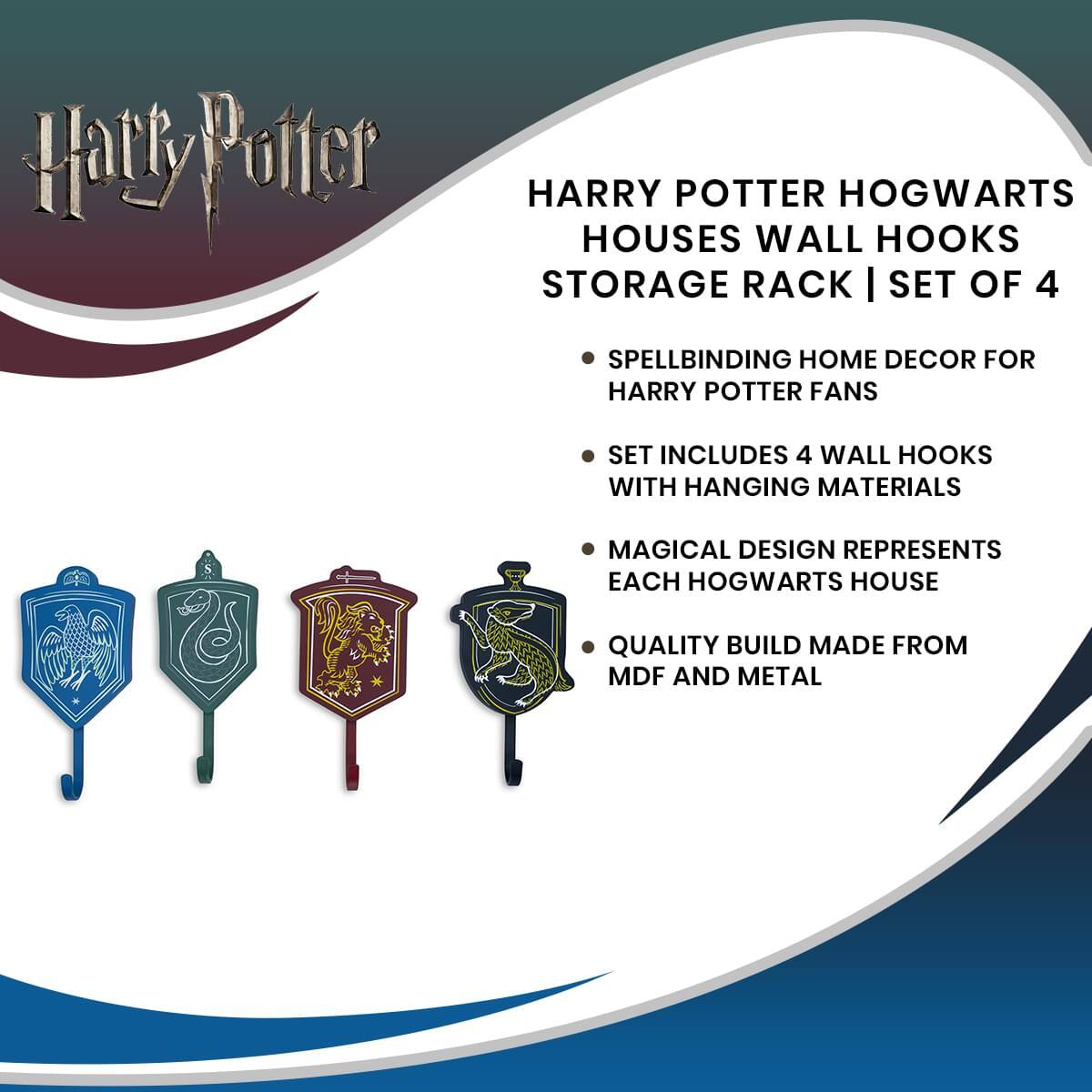 HARRY POTTER HOGWARTS HOUSES WALL HOOKS STORAGE RACK | SET OF 4

- SPELLBINDING HOME DECOR FOR HARRY POTTER FANS
- SET INCLUDES 4 WALL HOOKS WITH HANGING MATERIALS
- MAGICAL DESIGN REPRESENTS EACH HOGWARTS HOUSE
- QUALITY BUILD MADE FROM MDF AND METAL