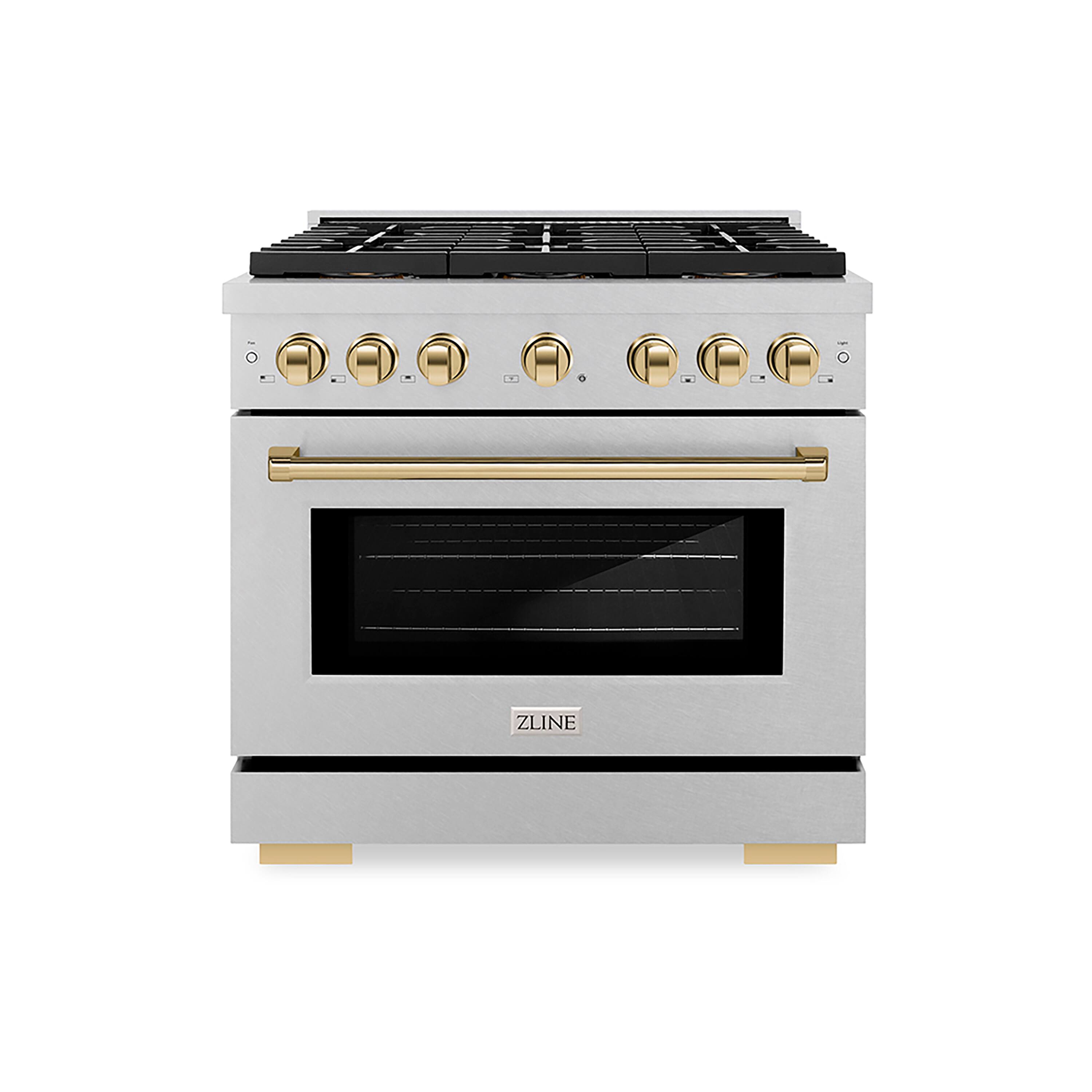 Front. ZLINE - Autograph 36 in. 5.2 cu. ft. Freestanding Paramount Dual Fuel Range w/ DuoPro Cooktop in Satin Steel & Gold Accents - Stainless Steel.