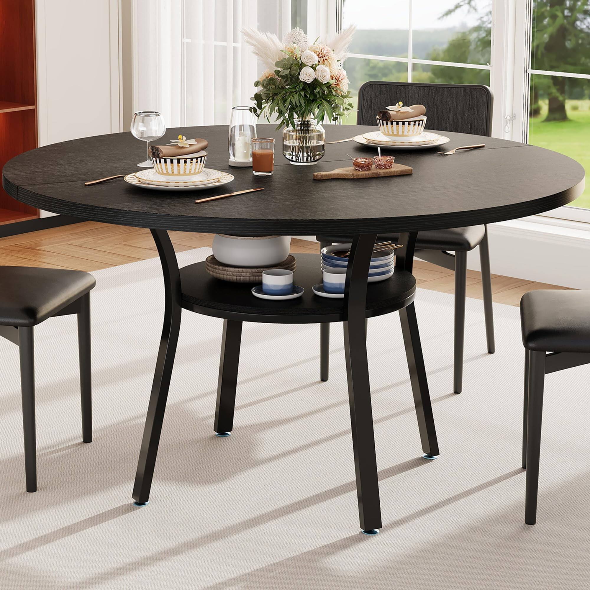 Front. Homhougo - 47-Inch Round Dining Table for 4 with Storage Shelf - Black Kitchen Table for Dining Room Use - Black.