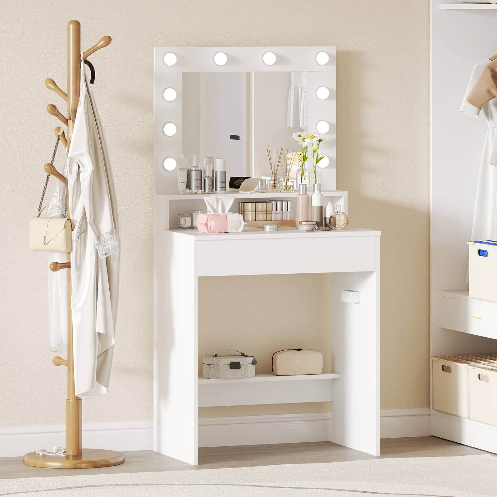 Alt View 4. Costway - Costway Vanity Desk with Mirror and Lights with 3 Light Modes & Adjustable Brightness White - White.