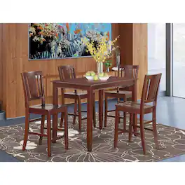 East West Furniture - 5 Pc Counter height Table set-high top Table and 4 Kitchen counter Chairs - Mahogany