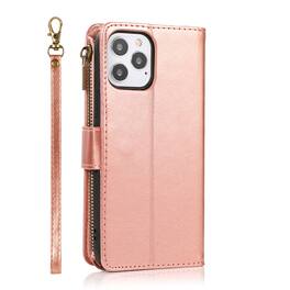 Kitcheniva - PU Leather Phone Wallet Zipper With Tempered Glass For iPhone 12/12 Pro - Rose Gold