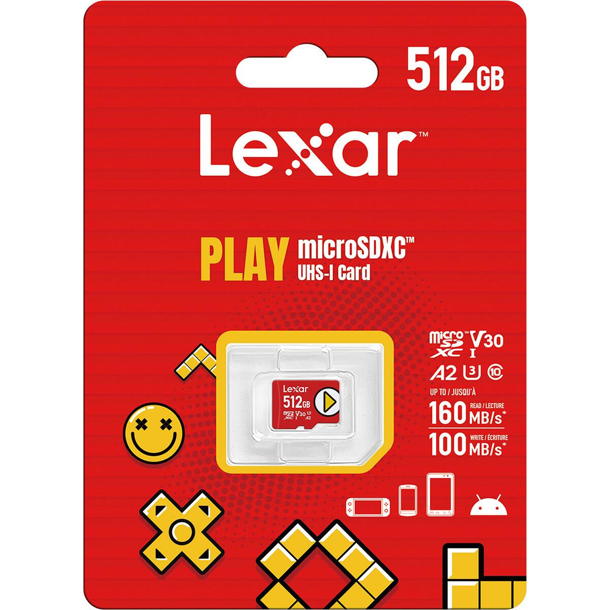 512GB Lexar PLAY microSDXC UHS-I Card

Lexar 512GB V30 3 XC 42

SD OEV XC I A2

UP TO JUSQU' READ LECTURE 160 MB/s WRITE CRITURE 100 MB/s