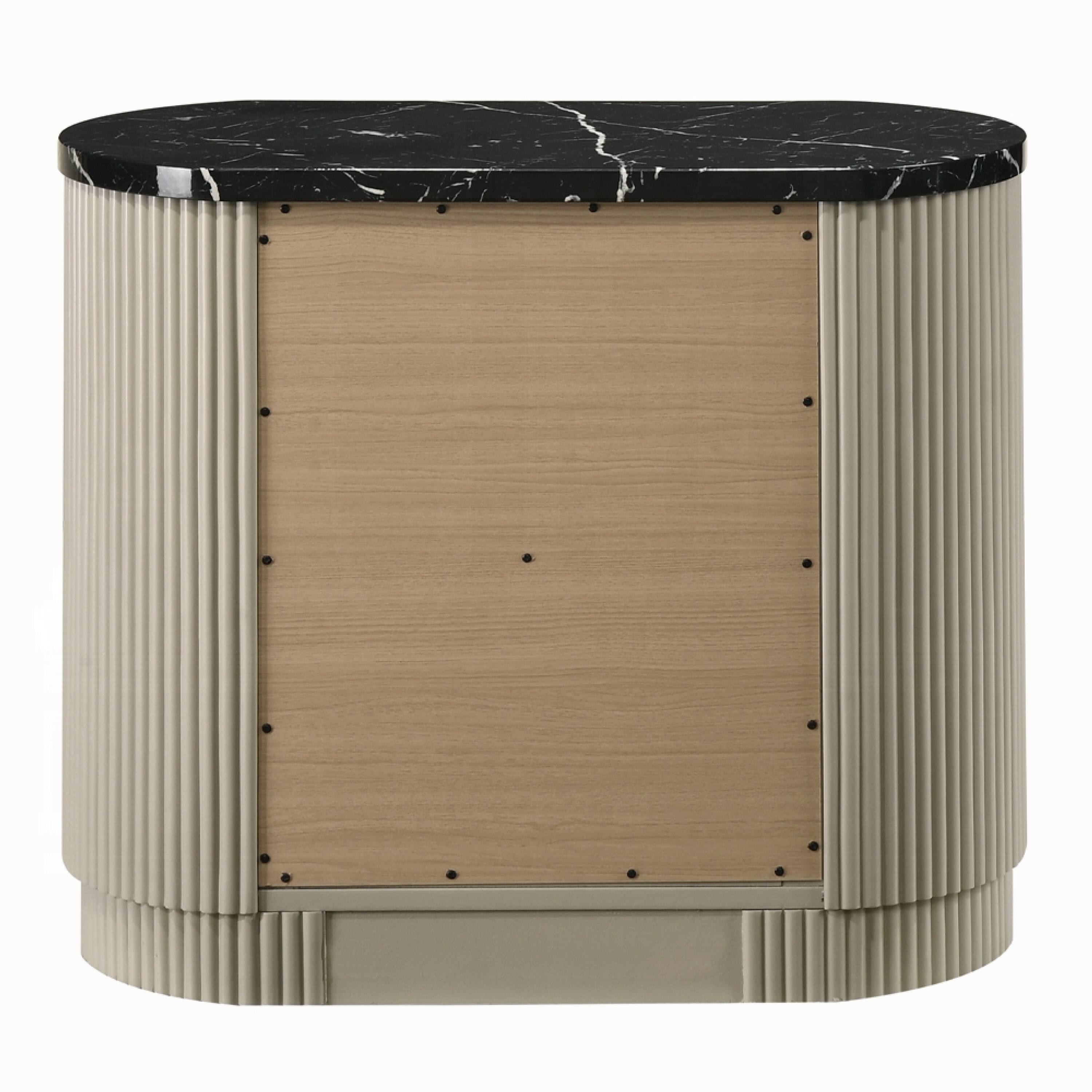 Back. Manhattan Lane - Trex Nightstand, 2 Reeded Drawers with Faux Marble Oval Top - Beige, Black, Silver.