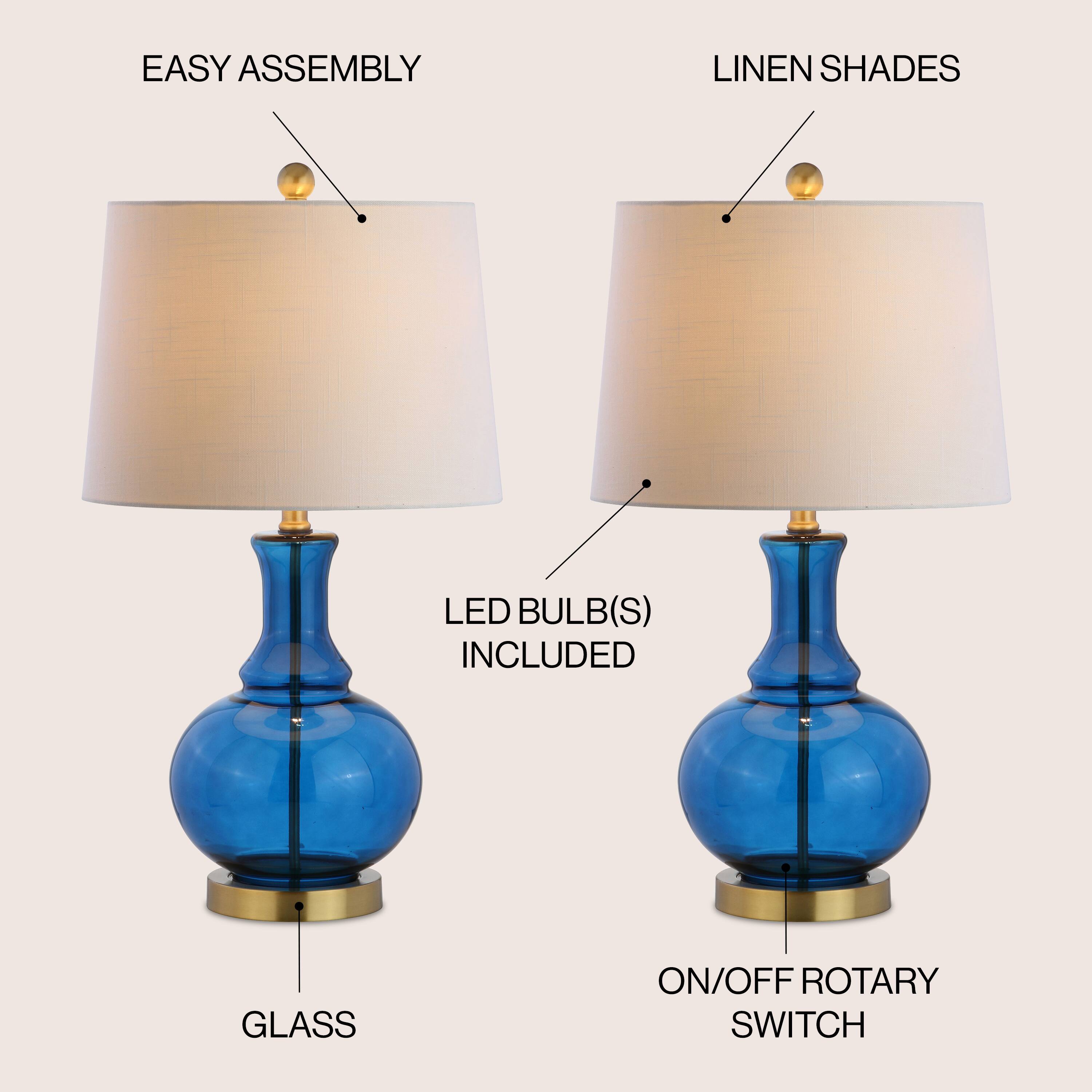 - EASY ASSEMBLY
- LINEN SHADES
- LED BULB(S) INCLUDED
- GLASS
- ON/OFF ROTARY SWITCH