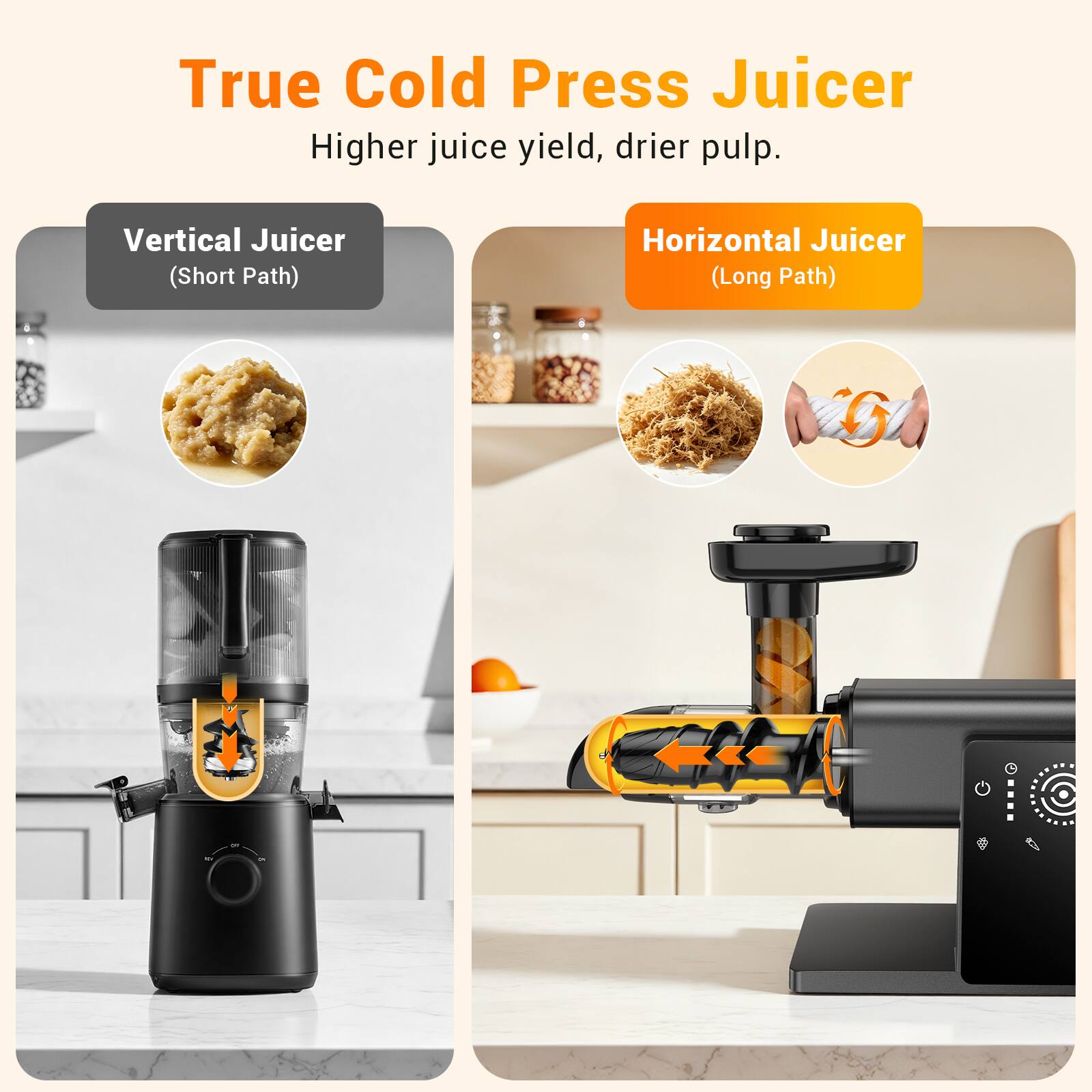 True Cold Press Juicer  
Higher juice yield, drier pulp.  

Vertical Juicer (Short Path)  
Horizontal Juicer (Long Path)