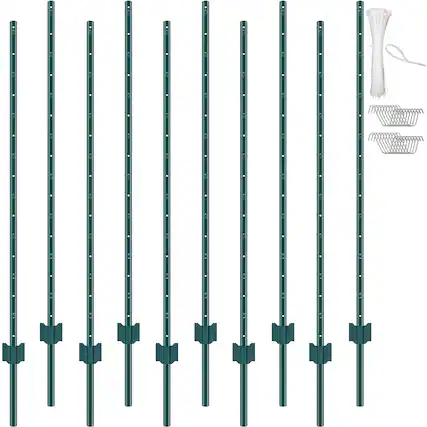 Front. VEVOR - 5 Feet Fence Post, 10 Pack U-Channel Heavy Duty Metal Fence Posts, Sturdy Steel Fence Stakes for Garden Yard, Lawn - Green.