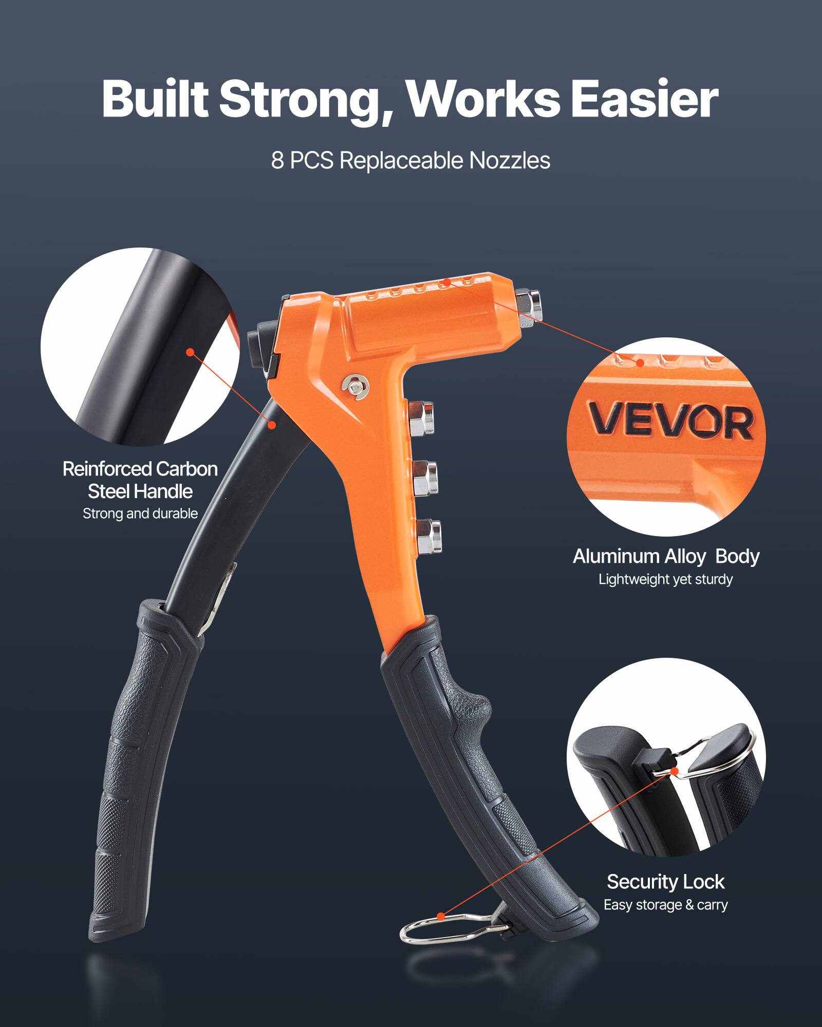 Built Strong, Works Easier  
8 PCS Replaceable Nozzles  
Reinforced Carbon Steel Handle  
Strong and durable  
Aluminum Alloy Body  
Lightweight yet sturdy  
Security Lock  
Easy storage & carry