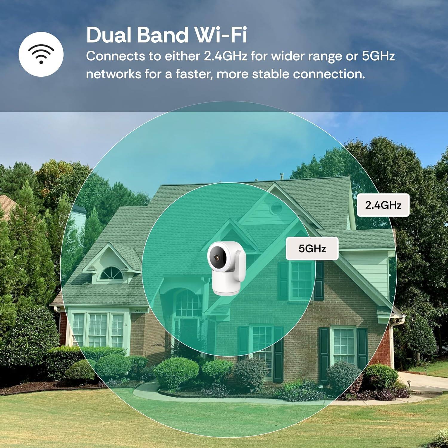 Dual Band Wi-Fi  
Connects to either 2.4GHz for wider range or 5GHz networks for a faster, more stable connection.  

2.4GHz  
5GHz