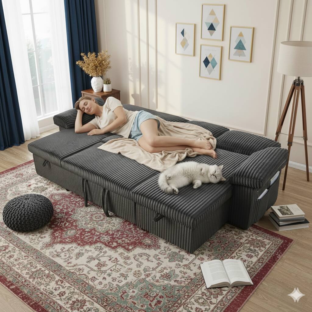 Alt View 4. Tiramisubest - TiramisuBest Modular Sectional Sofa, 113" Sectional Couch with Pull Out Couch Bed for Living Room Bedroom (Dark Grey) - Dark Grey.