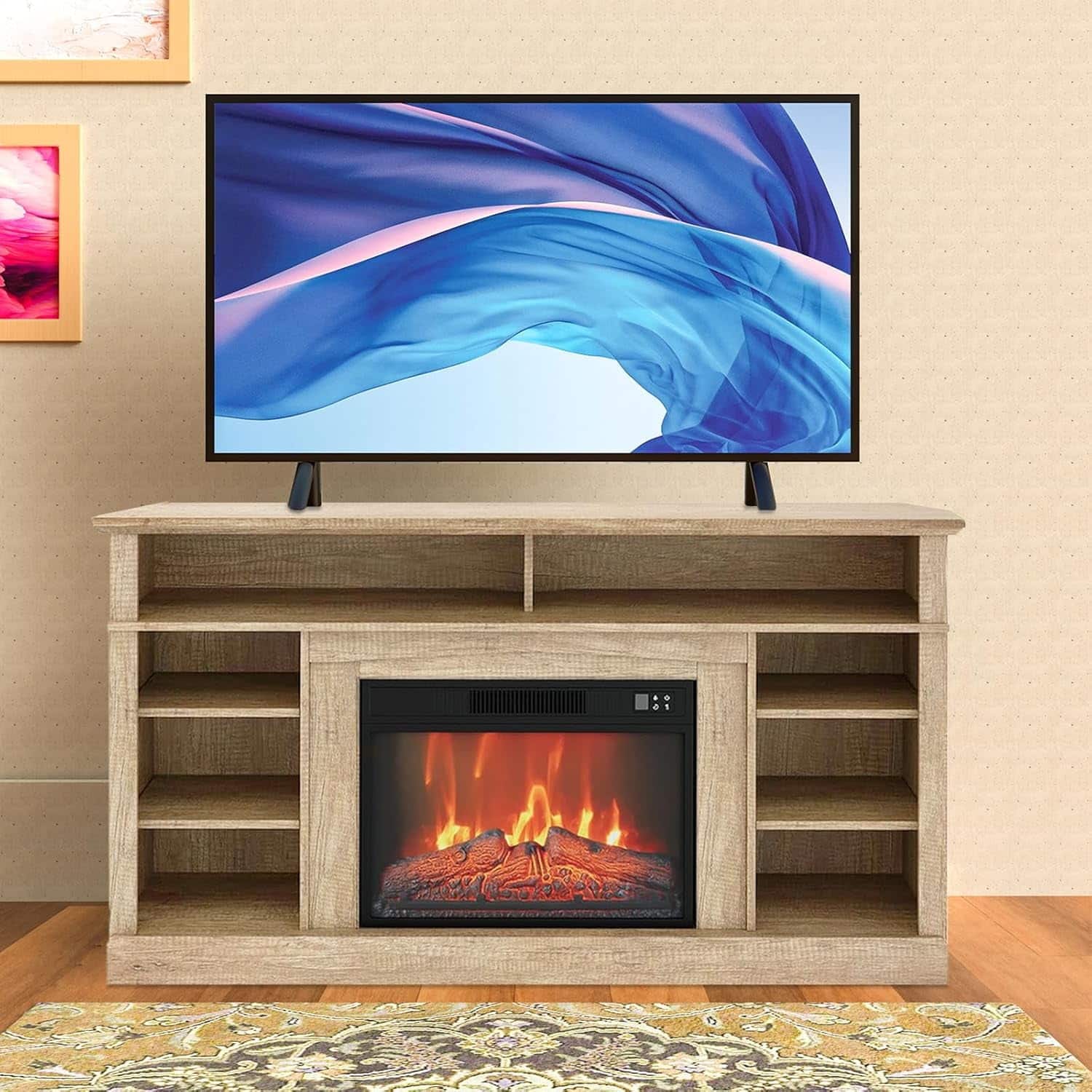 Qeetex - 58" Fireplace TV Stand for TVs Up to 65", 23" Electric Fireplace Insert, Storage Shelves, Remote Control - Clear