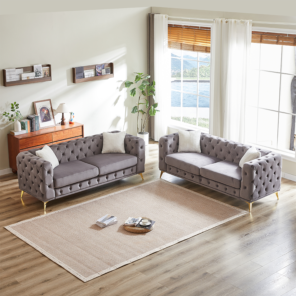 Angle. Trinkets Crazed - Chesterfield Sofa Set Of 2 For Living Room,Modern 3-Seater Sofa Couch With Button Tufted,Upholstered Deep Seat Couch - Gray.