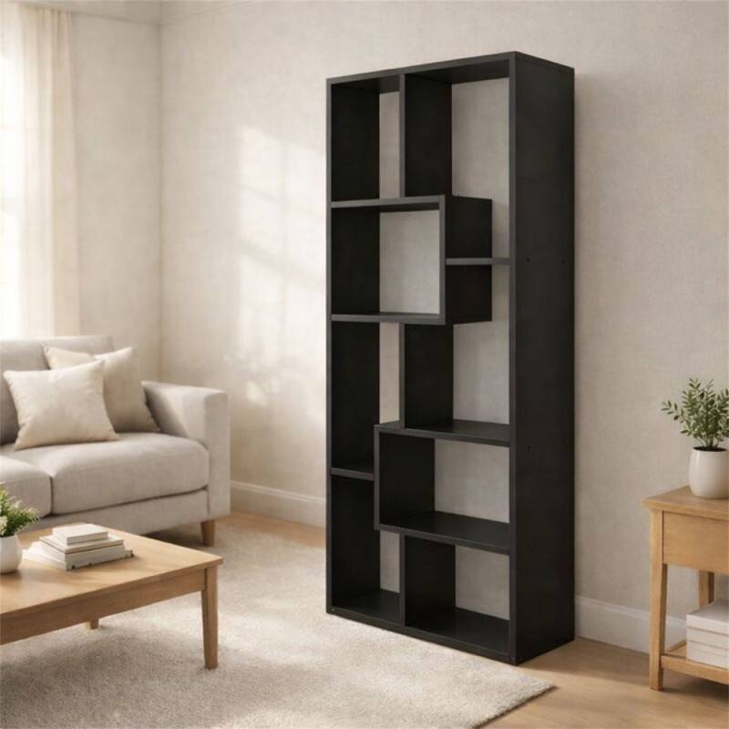 Angle. HTUTWOO - Asymmetrical Display Shelf and Bookcase – 5-Tier Geometric Bookcase, Staggered Cube Layout, Storage for Home Office - Black.