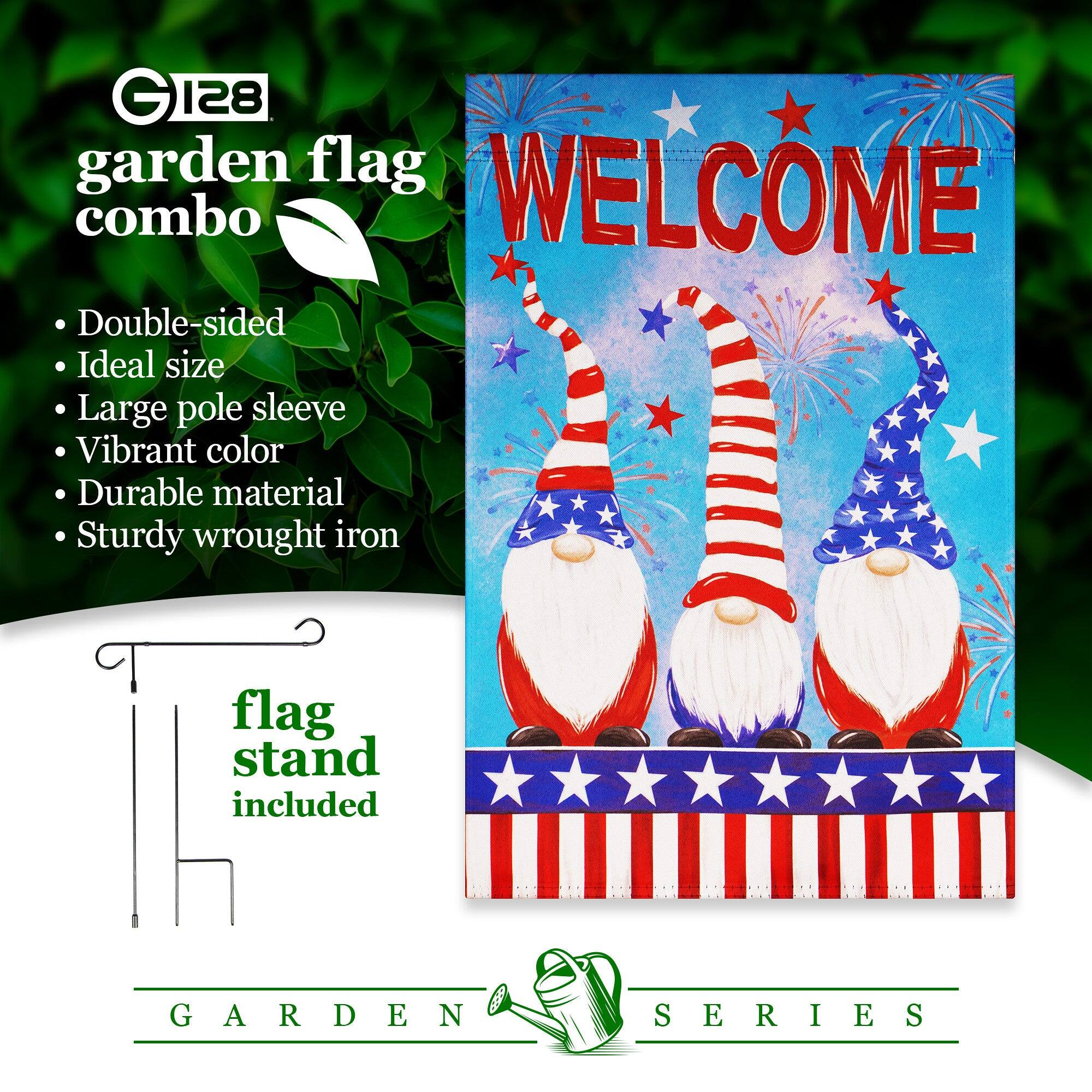GI28 garden flag combo  
- Double-sided  
- Ideal size  
- Large pole sleeve  
- Vibrant color  
- Durable material  
- Sturdy wrought iron flag stand included  

GARDEN SERIES