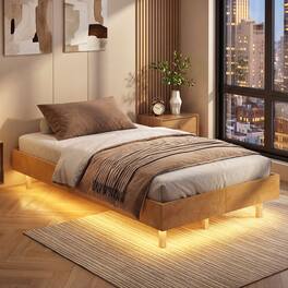 Costway - Twin Size Floating Bed Frame with LED Lights, 12 Inch Modern Wood Platform Bed - Natural