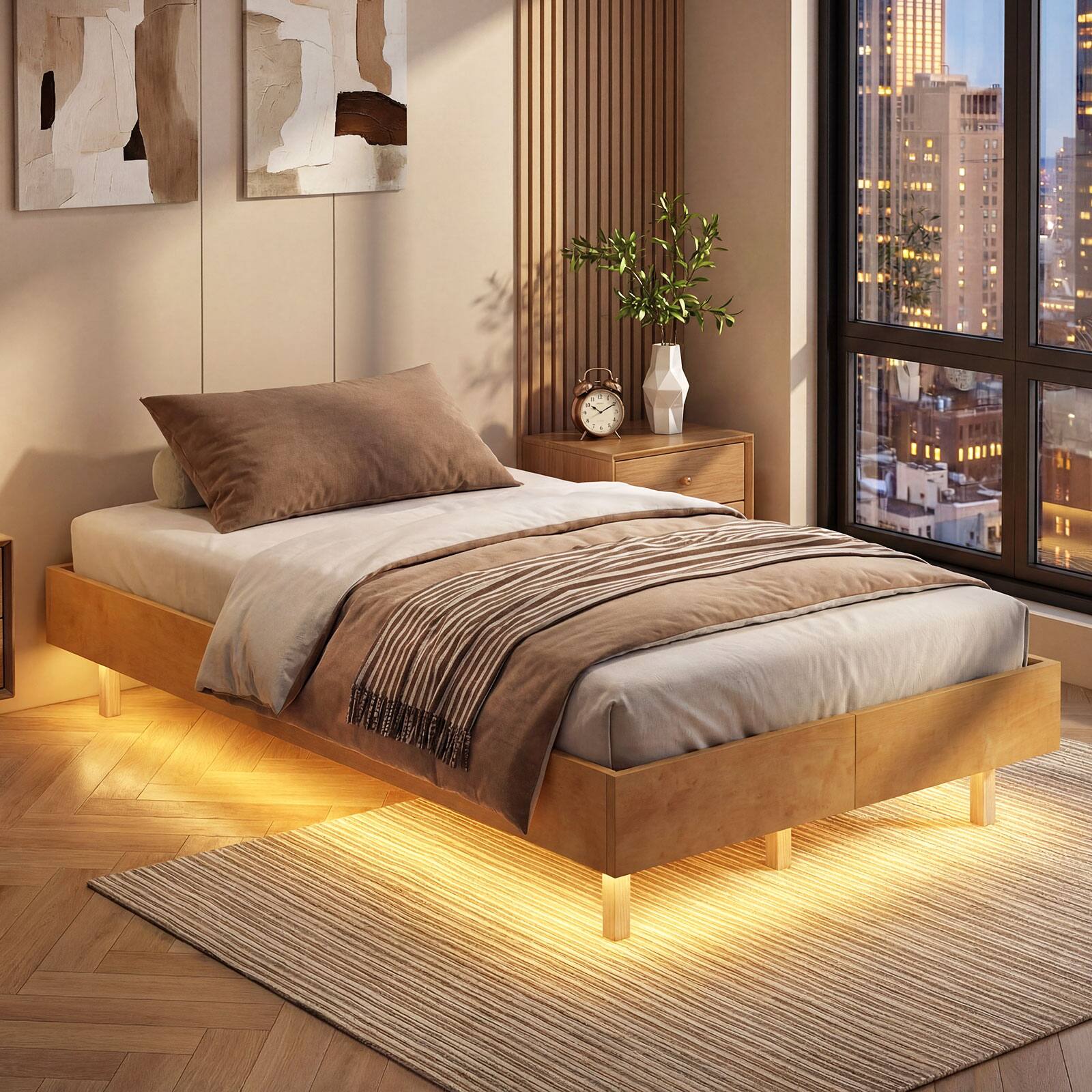 Front. Costway - Costway Twin Size Floating Bed Frame with LED Lights, 12 Inch Modern Wood Platform Bed - Natural.