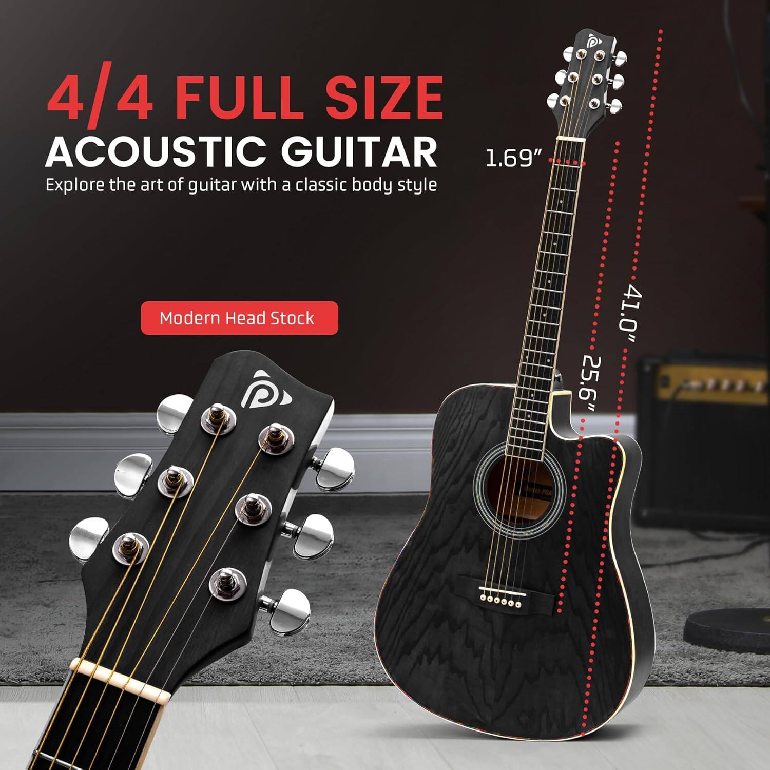4/4 FULL SIZE ACOUSTIC GUITAR
Explore the art of guitar with a classic body style
Modern Head Stock
1.69"
41.0"
25.6"