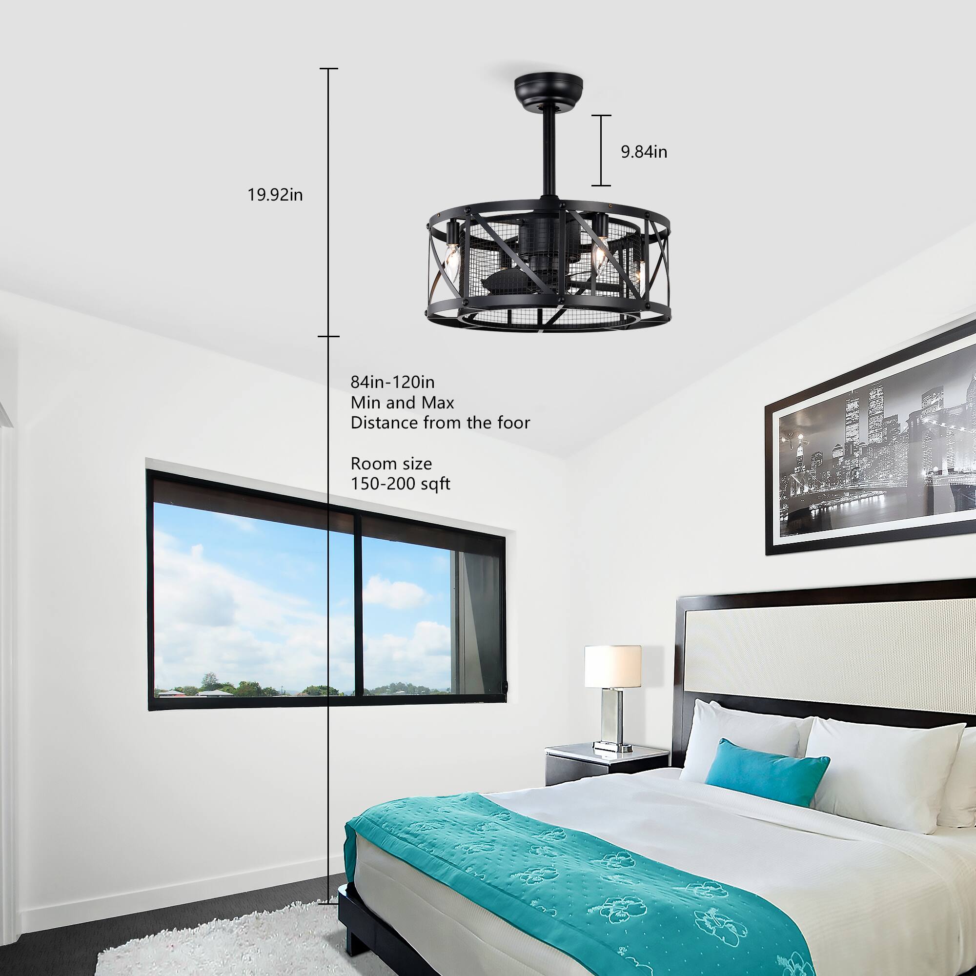 19.92in  
9.84in  
84in-120in  
Min and Max Distance from the floor  
Room size 150-200 sqft