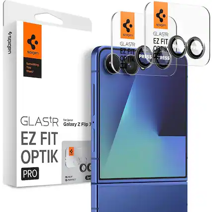 Sure, here is the corrected and grouped text:
- Spigen
- Something You Want!
- GLAS.tR
- EZ FIT OPTIK PRO
- for/pour Galaxy Z Flip 7
- EASY
- PERFECT
- 2pc