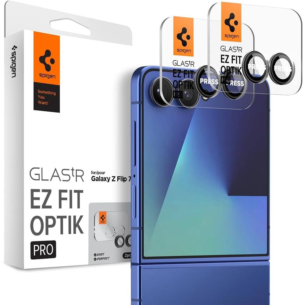 Sure, here is the corrected and grouped text:

- Spigen
- Something You Want!
- GLAS.tR
- EZ FIT OPTIK PRO
- for/pour Galaxy Z Flip 7
- EASY
- PERFECT
- 2pc