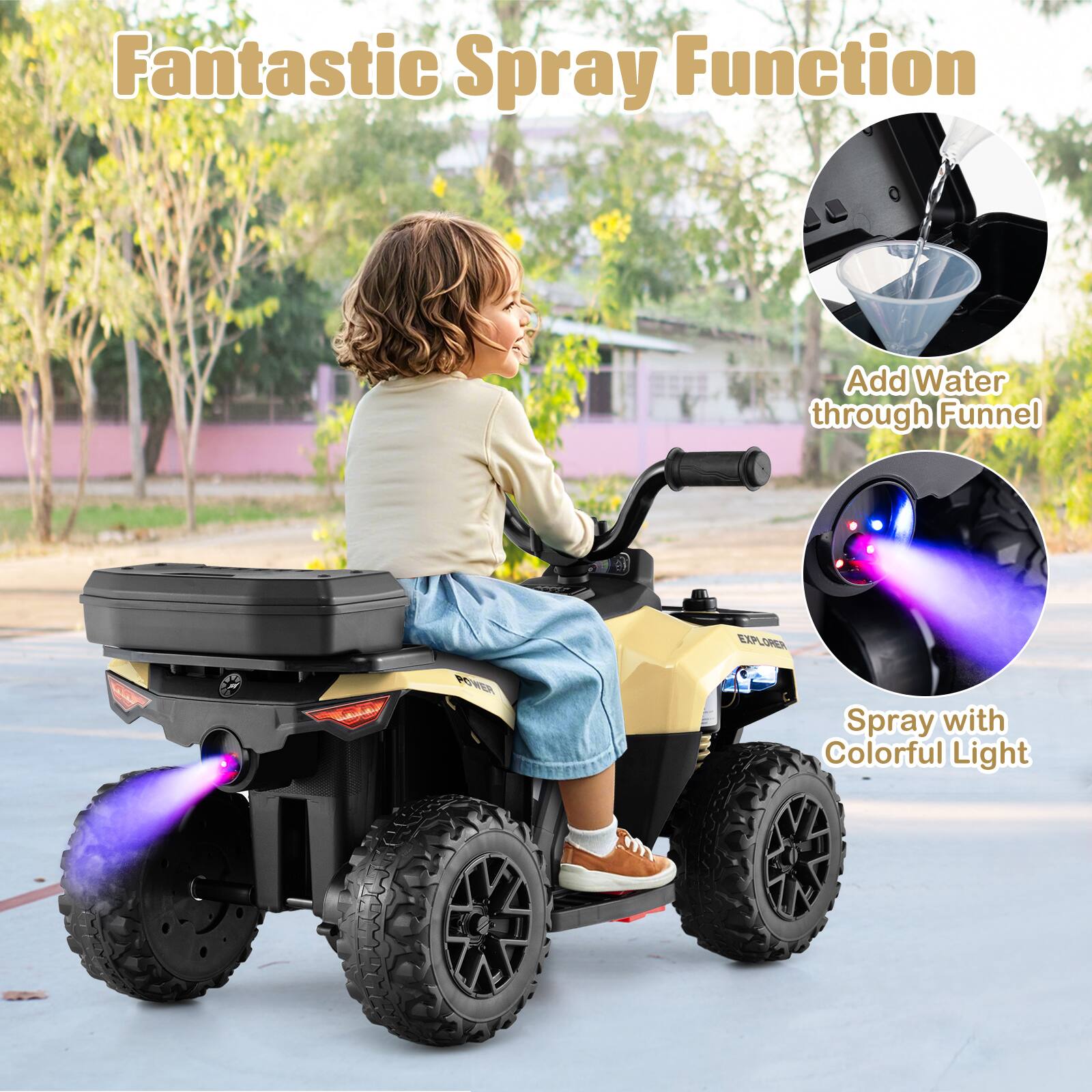 Fantastic Spray Function

Add Water through Funnel

Spray with Colorful Light