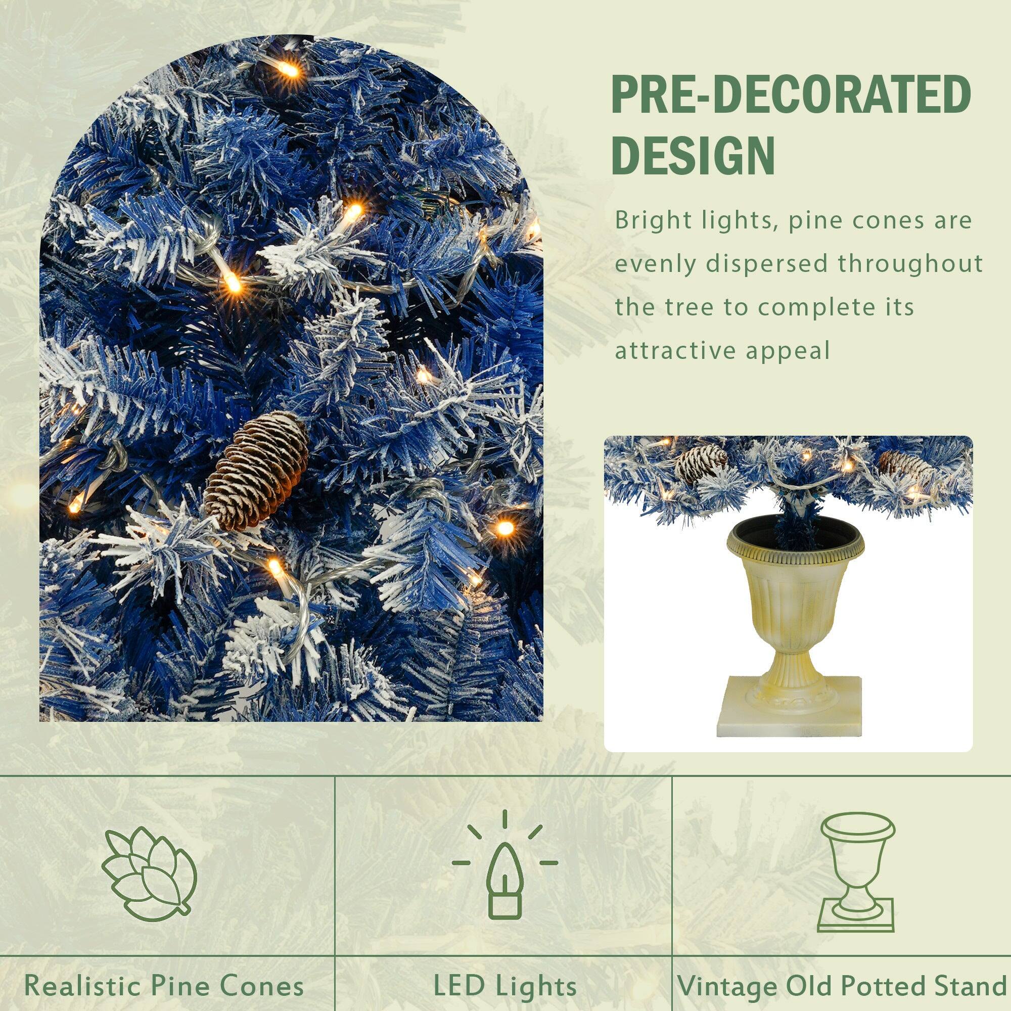 PRE-DECORATED DESIGN

Bright lights, pine cones are evenly dispersed throughout the tree to complete its attractive appeal

- Realistic Pine Cones
- LED Lights
- Vintage Old Potted Stand