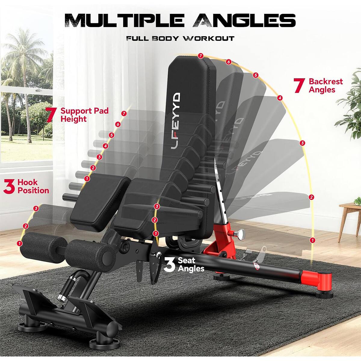 MULTIPLE ANGLES FULL BODY WORKOUT

- Backrest: 7 Angles
- Support Pad: 7 Height
- Hook: 3 Position
- Seat: 3 Angles