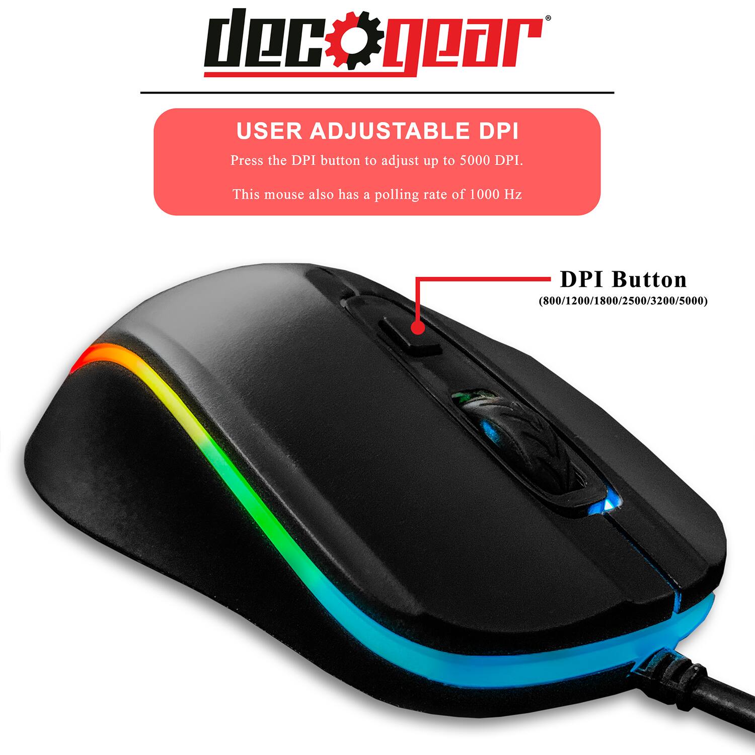 dec gear

USER ADJUSTABLE DPI
Press the DPI button to adjust up to 5000 DPI.
This mouse also has a polling rate of 1000 Hz

DPI Button
(800/1200/1800/2500/3200/5000)