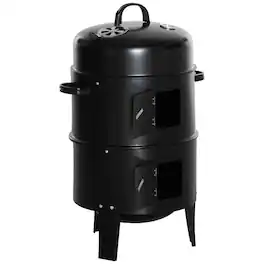 Chateau Abodes - 3-in-1 Round Charcoal Smoker, 16'' Portable Vertical BBQ with Thermometer & Hangers for Grilling & Camping - Black