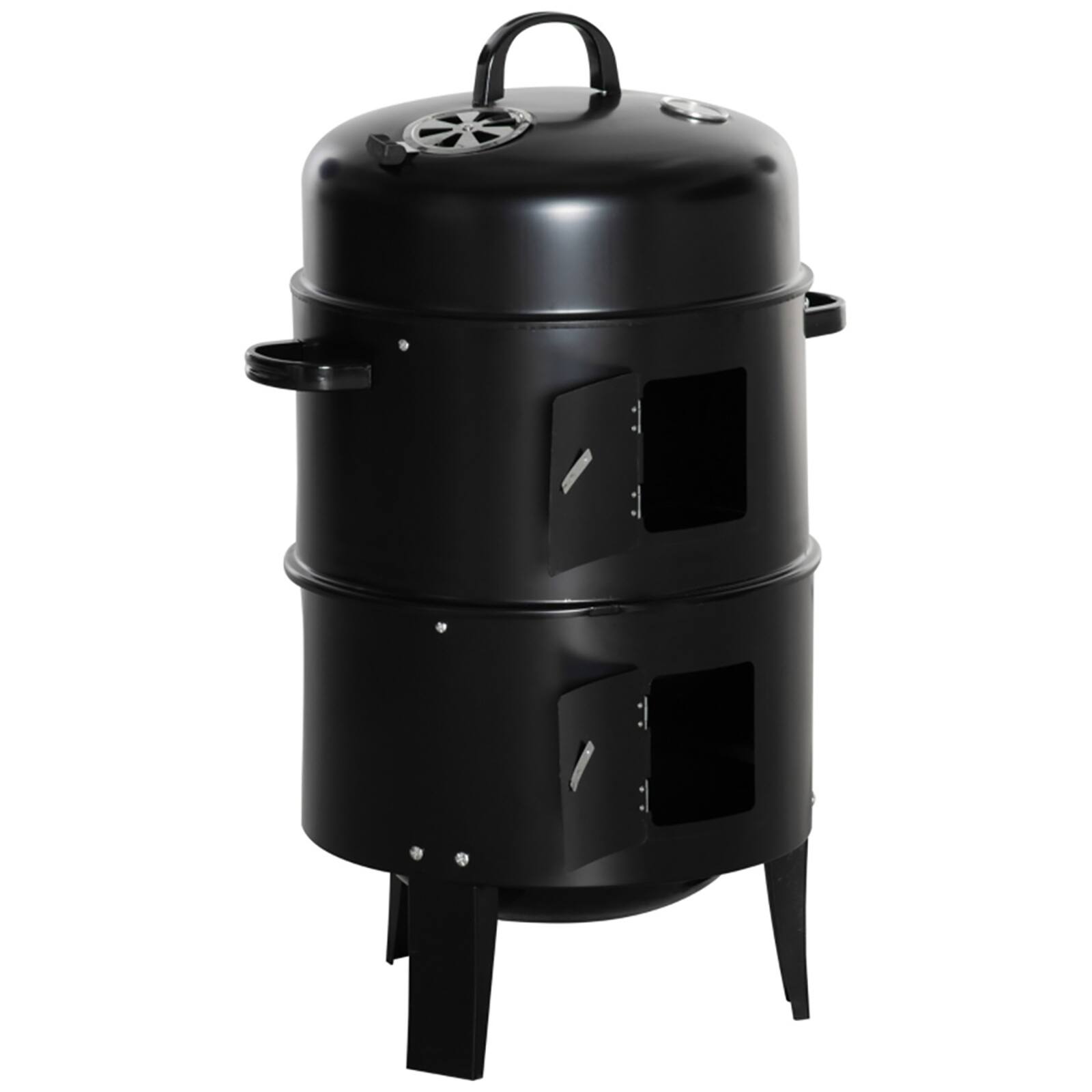 Front. Chateau Abodes - 3-in-1 Round Charcoal Smoker, 16'' Portable Vertical BBQ with Thermometer & Hangers for Grilling & Camping - Black.