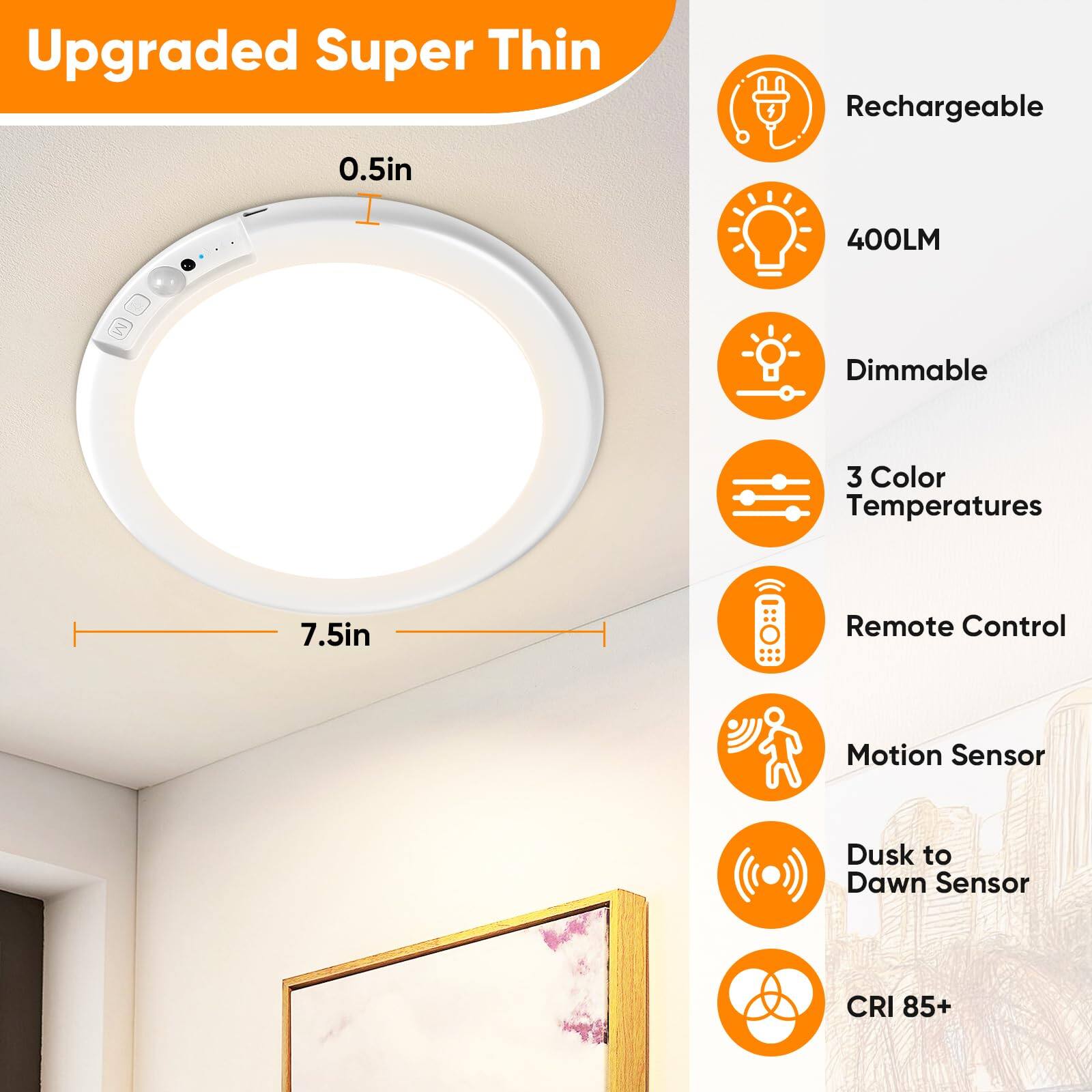 Upgraded Super Thin Rechargeable 0.5in 400LM Dimmable 3 Color Temperatures 7.5in Remote Control Motion Sensor Dusk to Dawn Sensor CRI 85+