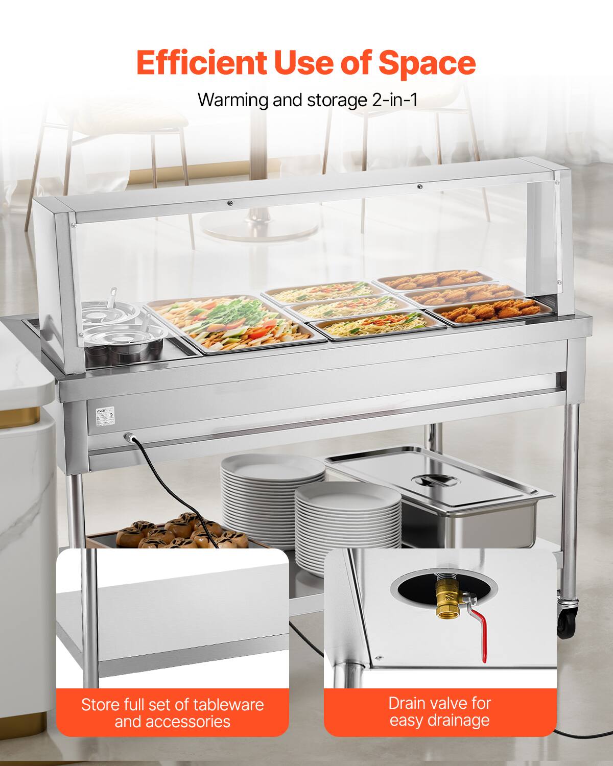 Efficient Use of Space  
Warming and storage 2-in-1

- Store full set of tableware and accessories
- Drain valve for easy drainage