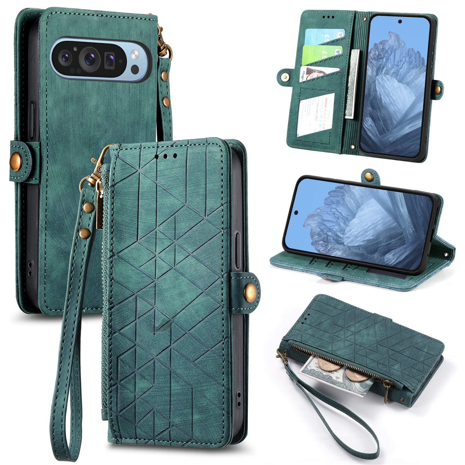 Dteck - For Google Pixel 9 Pro XL Zipper Wallet PU Leather Handbag Purse Flip Kickstand Card Slots Holder Wrist Strap Cover - Green