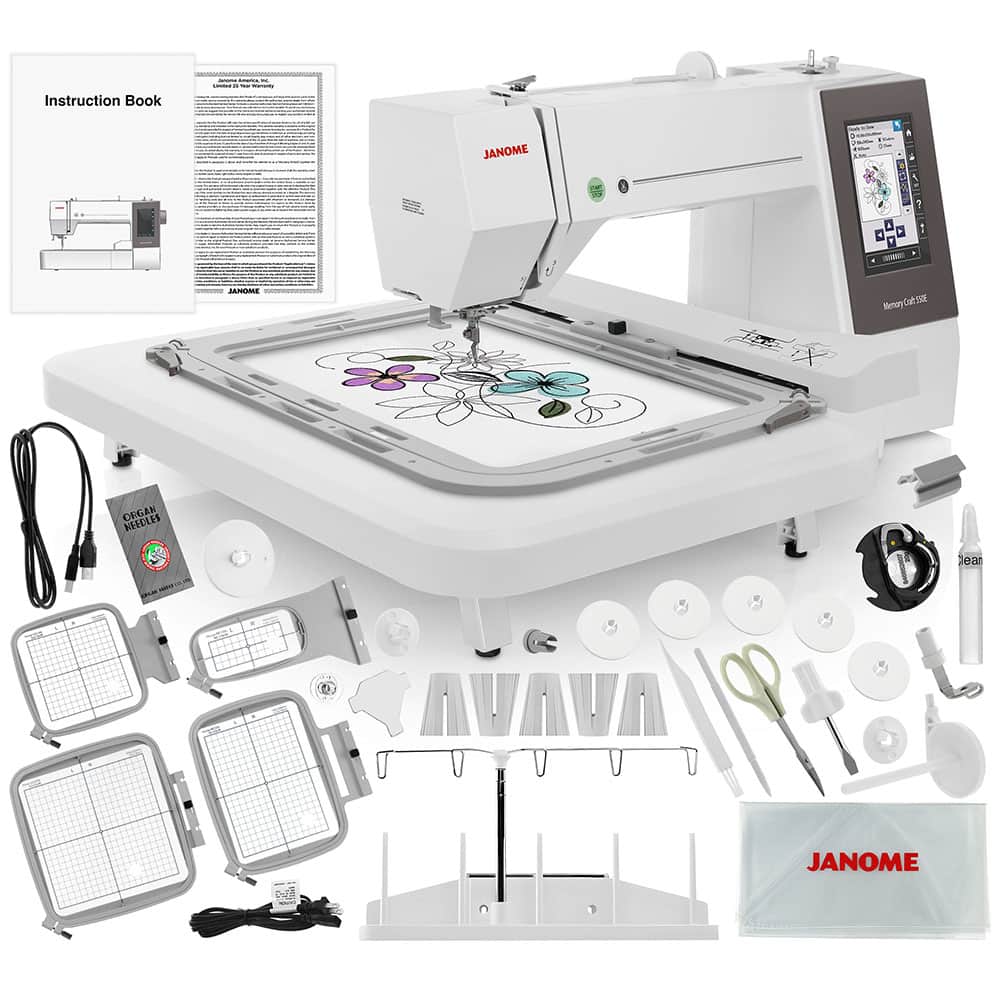 Memory Craft 550e Embroidery Machine - Includes 5-Spool Thread Stand + Janome RE10B 3.9" x 1.6" Hoop - White