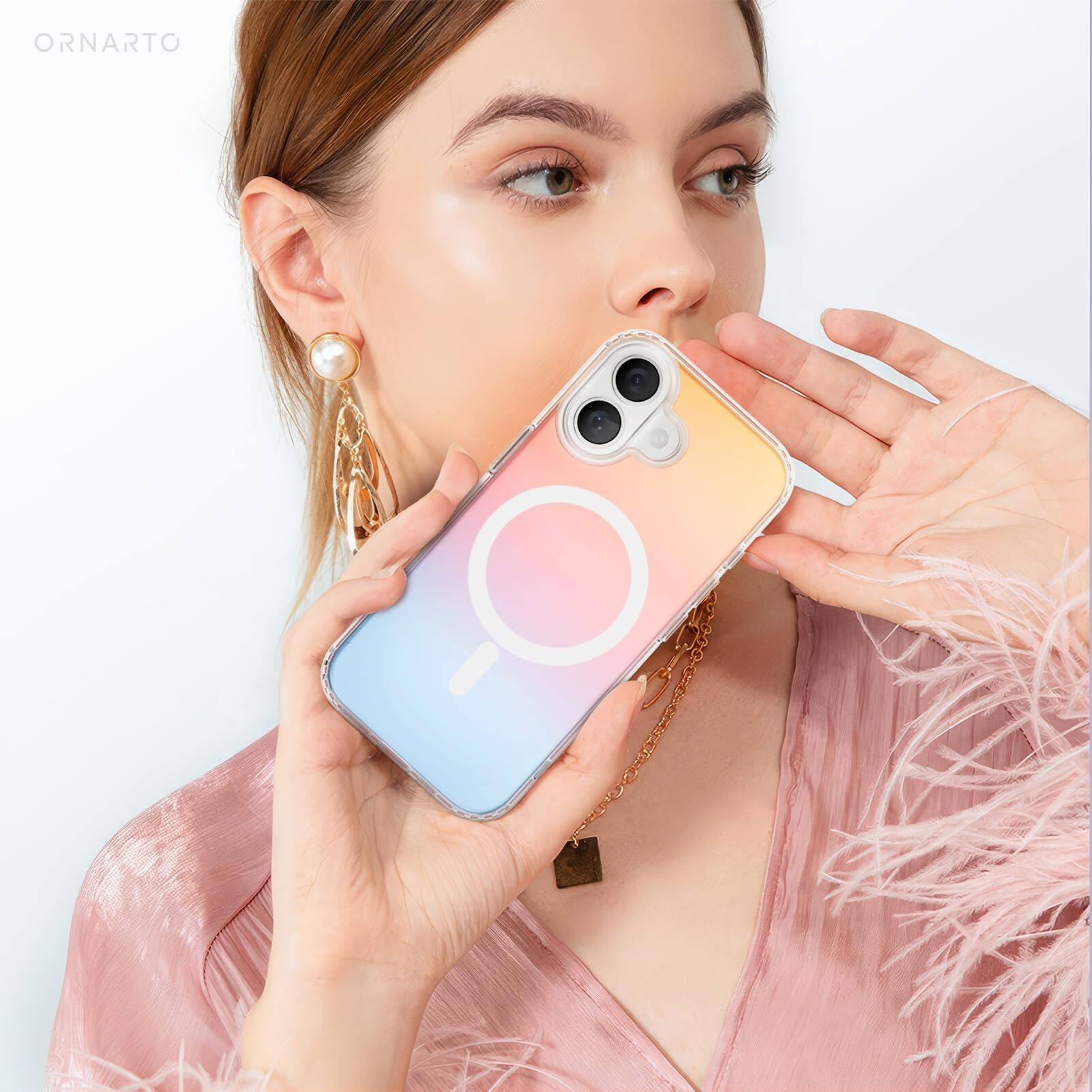 Alt View 5. Ornarto - ORNARTO for iPhone 17 Case 6.3", Compatible with MagSafe, Electroplated Iridescent Protective Phone Case-Sunset Red - Sunset Red.