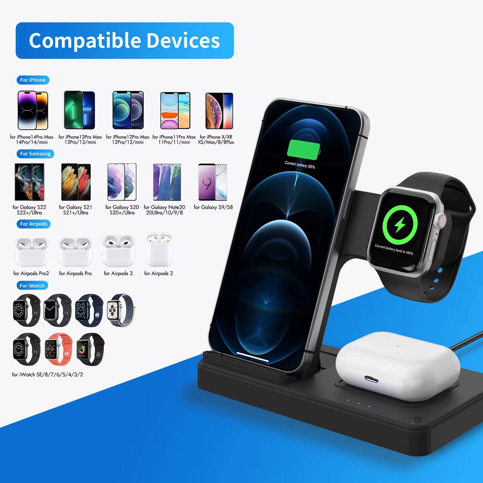 Compatible Devices

For iPhone:
- iPhone 14 Pro Max
- iPhone 13 Pro Max
- iPhone 12 Pro Max
- iPhone 11 Pro Max
- iPhone X/XR
- iPhone XS/MX/8 Plus

For Samsung:
- Galaxy S22
- Galaxy S21
- Galaxy S20
- Galaxy Note20
- Galaxy S9/S8

For Airpods:
- Airpods Pro 2
- Airpods Pro
- Airpods 3
- Airpods 2

For iWatch:
- iWatch SE/8/7/6/5/4/3/2