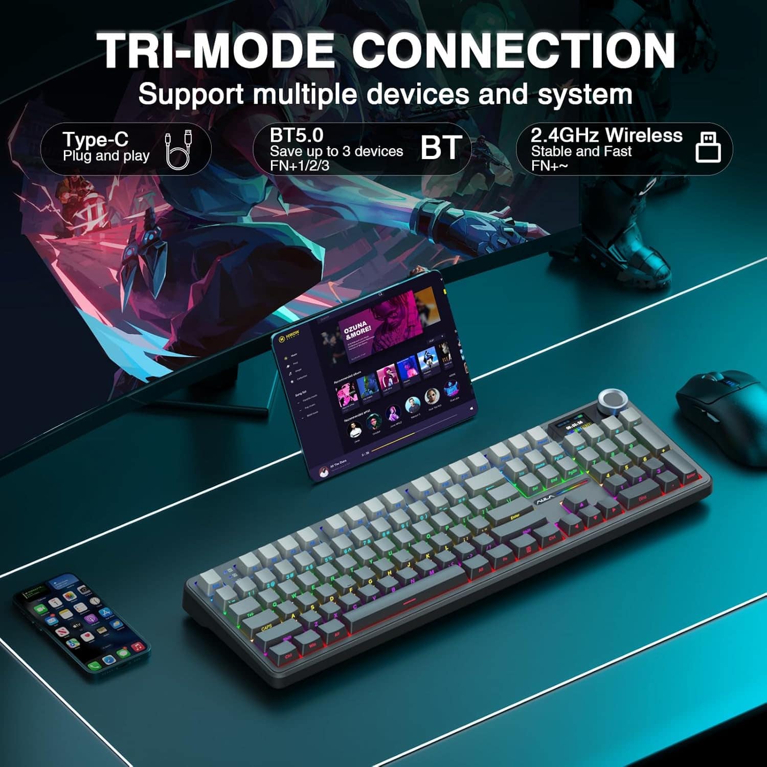 TRI-MODE CONNECTION
Support multiple devices and system
Type-C
Plug and play
BT5.0
Save up to 3 devices
FN+1/2/3
2.4GHz Wireless
Stable and Fast
FN+~