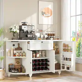 Aheaplus - 55"Wooden Sideboard Cabinet with Power Outlets, Coffee Bar, Wine Rack & Solid Wood Legs - White