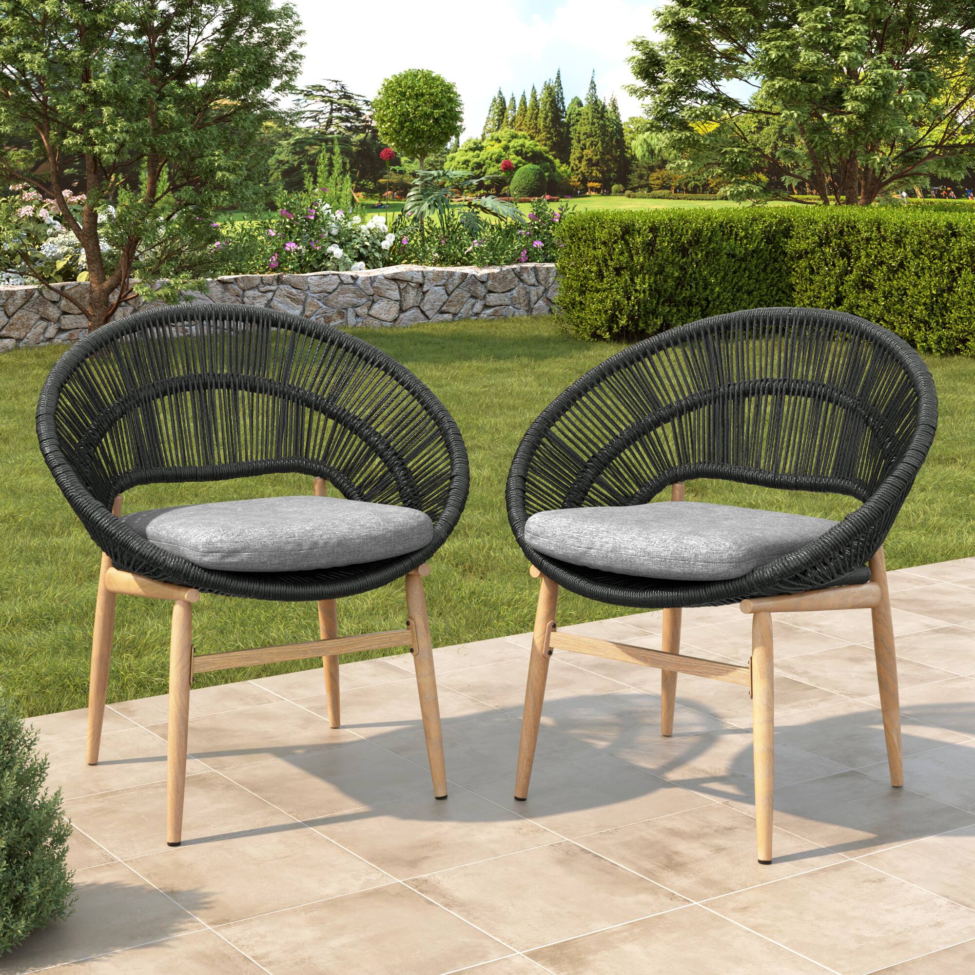 Front. TinyHomie - Cyril Outdoor Wicker Papasan Style Dining Chair Teak Finished Leg and Dark Gray Faux Rattan Gray Cushion Set of 2 - Dark Gray and Teak.