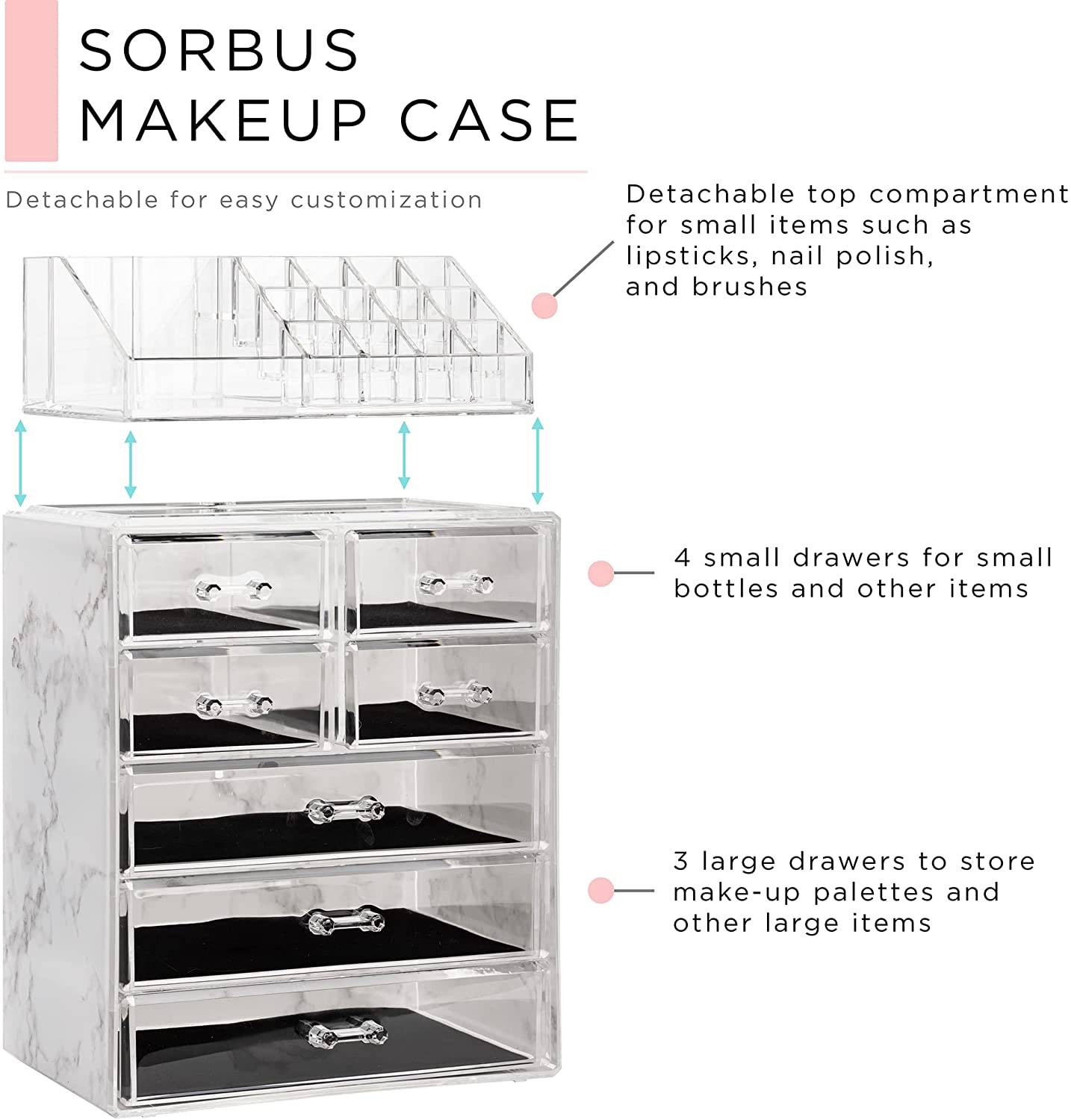 SORBUS MAKEUP CASE

- Detachable for easy customization
- Detachable top compartment for small items such as lipsticks, nail polish, and brushes
- 4 small drawers for small bottles and other items
- 3 large drawers to store make-up palettes and other large items