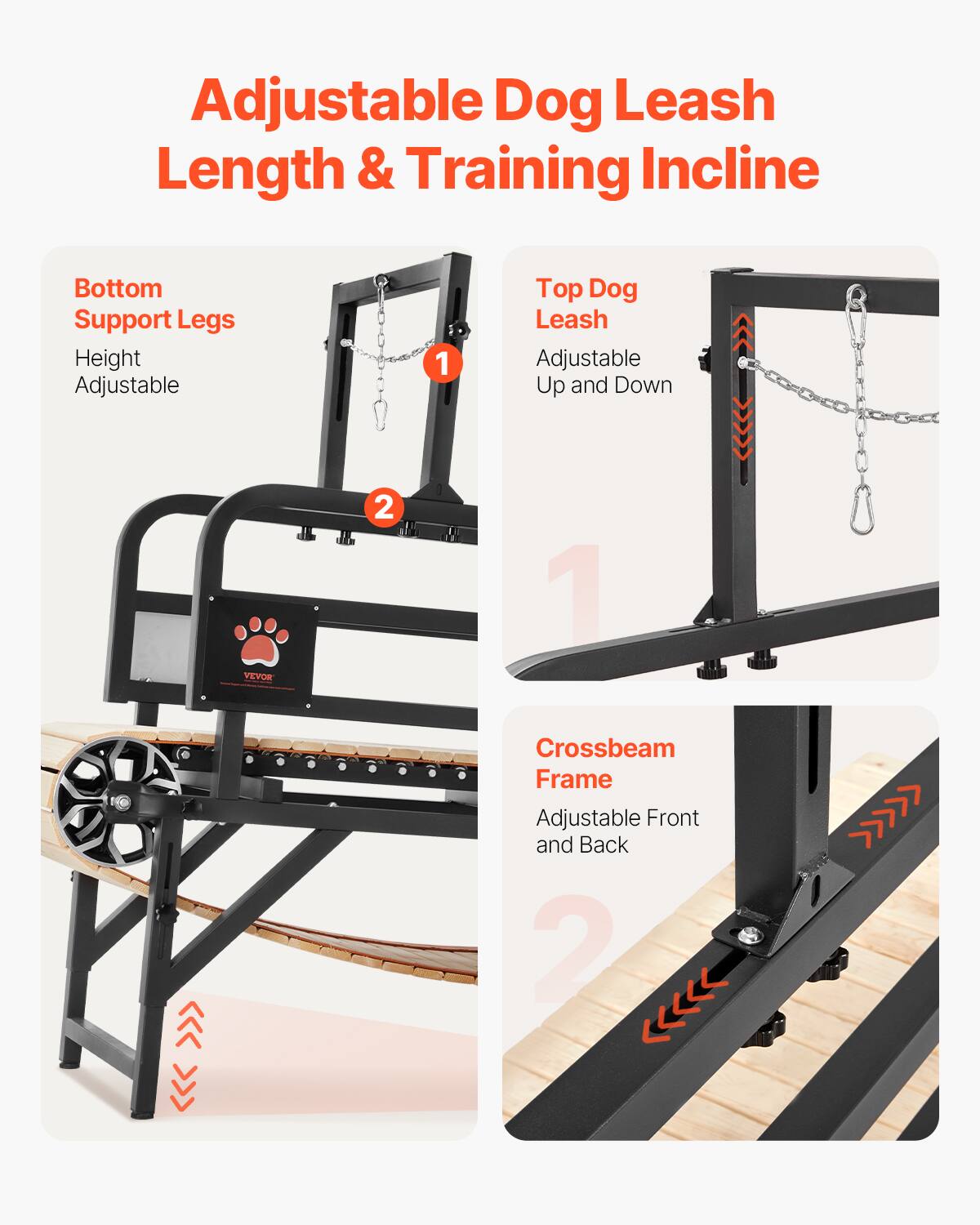 Adjustable Dog Leash Length & Training Incline
Bottom Support Legs
Height Adjustable
1
Top Dog Leash
Adjustable Up and Down
2
Crossbeam Frame
Adjustable Front and Back
2