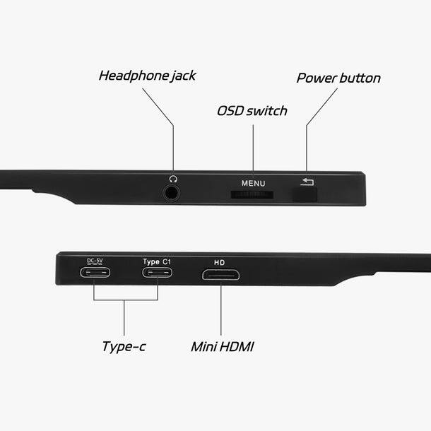 Headphone jack  
Power button  
OSD switch  
MENU  

Type-C  
Mini HDMI