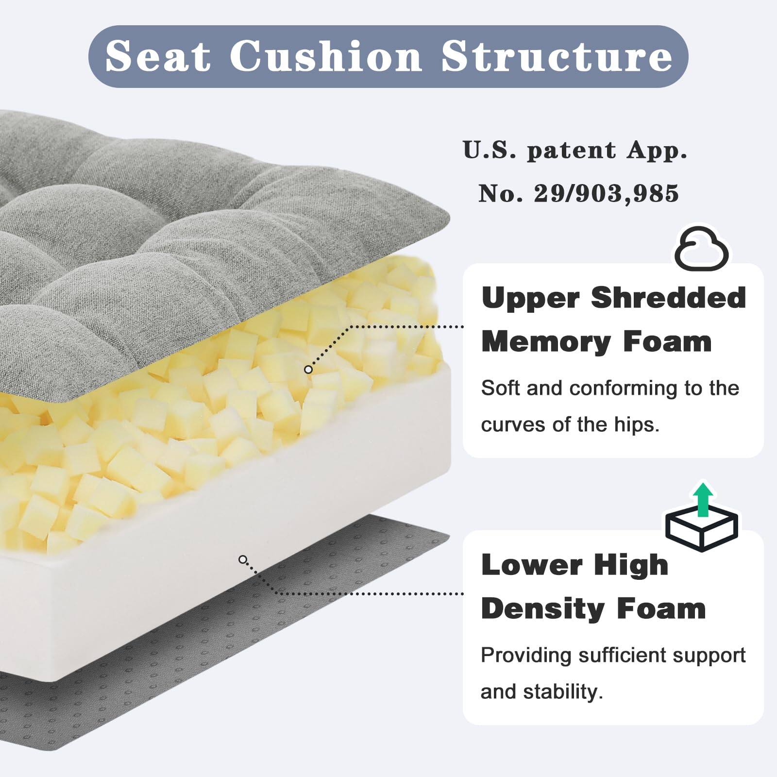 Seat Cushion Structure

U.S. patent App. No. 29/903,985

Upper Shredded Memory Foam  
Soft and conforming to the curves of the hips.

Lower High Density Foam  
Providing sufficient support and stability.